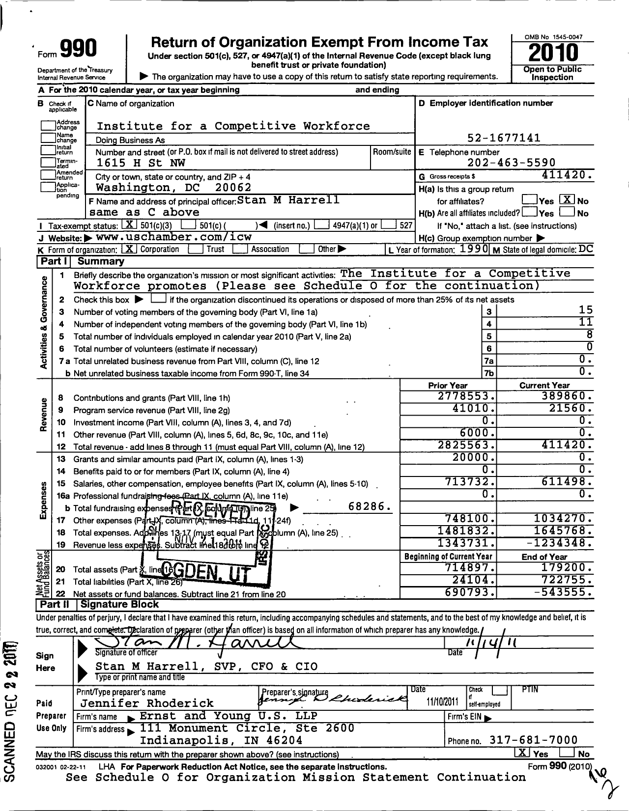 Image of first page of 2010 Form 990 for Institute for A Competitive Workforce