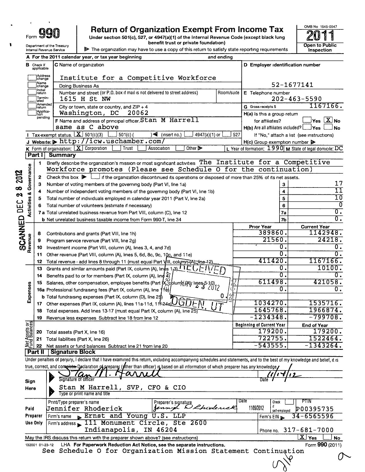 Image of first page of 2011 Form 990 for Institute for A Competitive Workforce