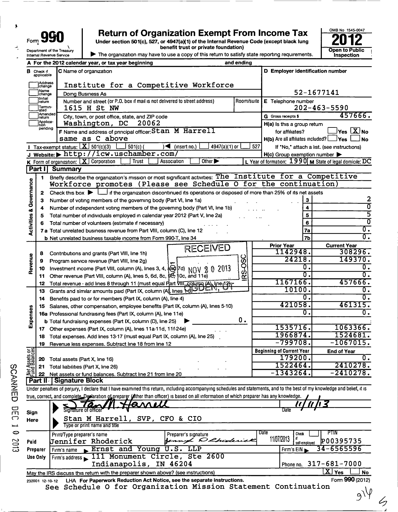 Image of first page of 2012 Form 990 for Institute for A Competitive Workforce