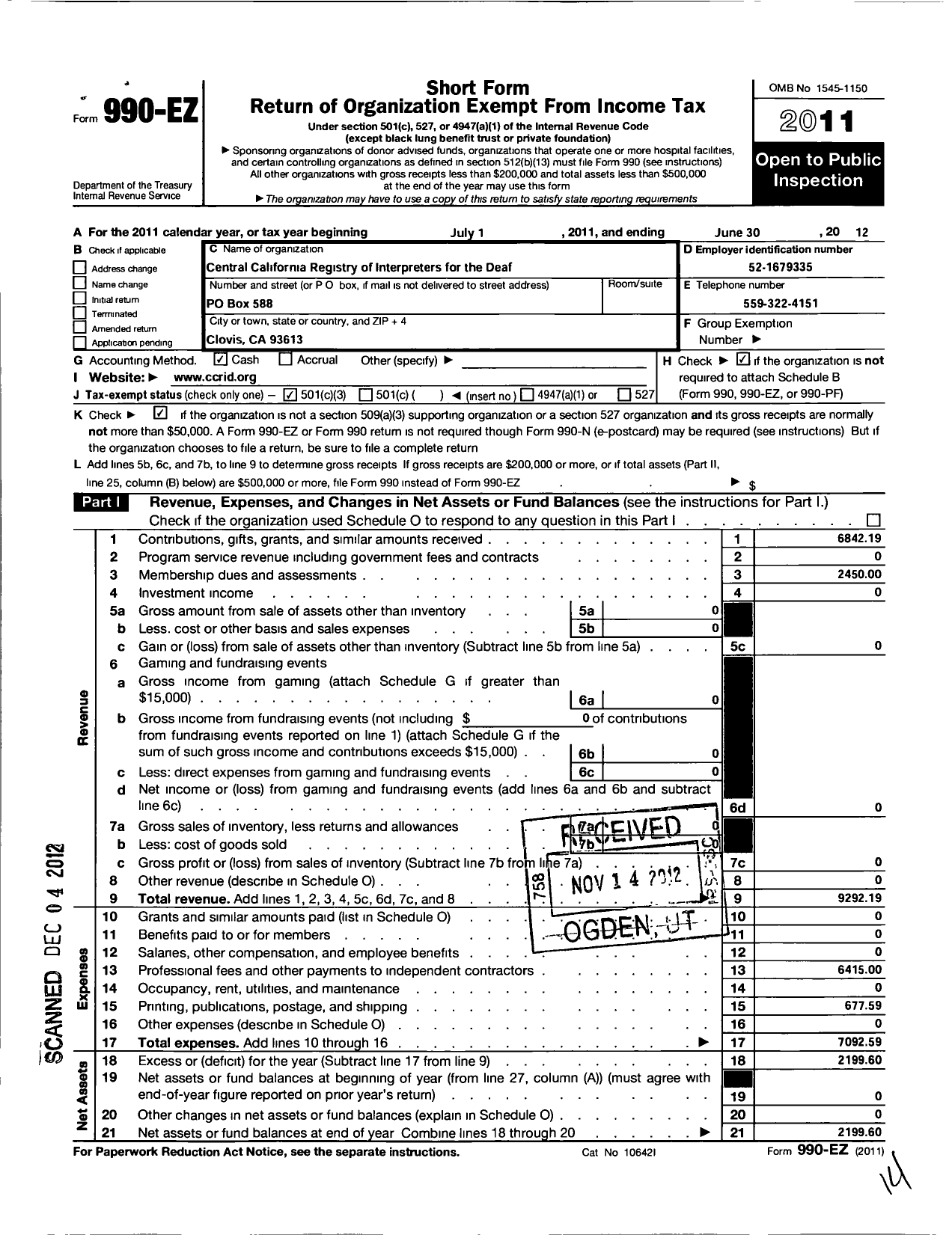 Image of first page of 2011 Form 990EZ for Registry of Interpreters for the Deaf / Central California Rid