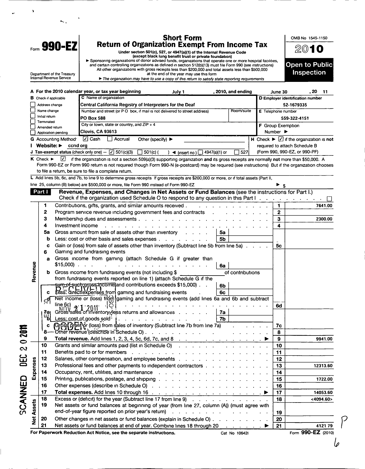 Image of first page of 2010 Form 990EZ for Registry of Interpreters for the Deaf / Central California Rid