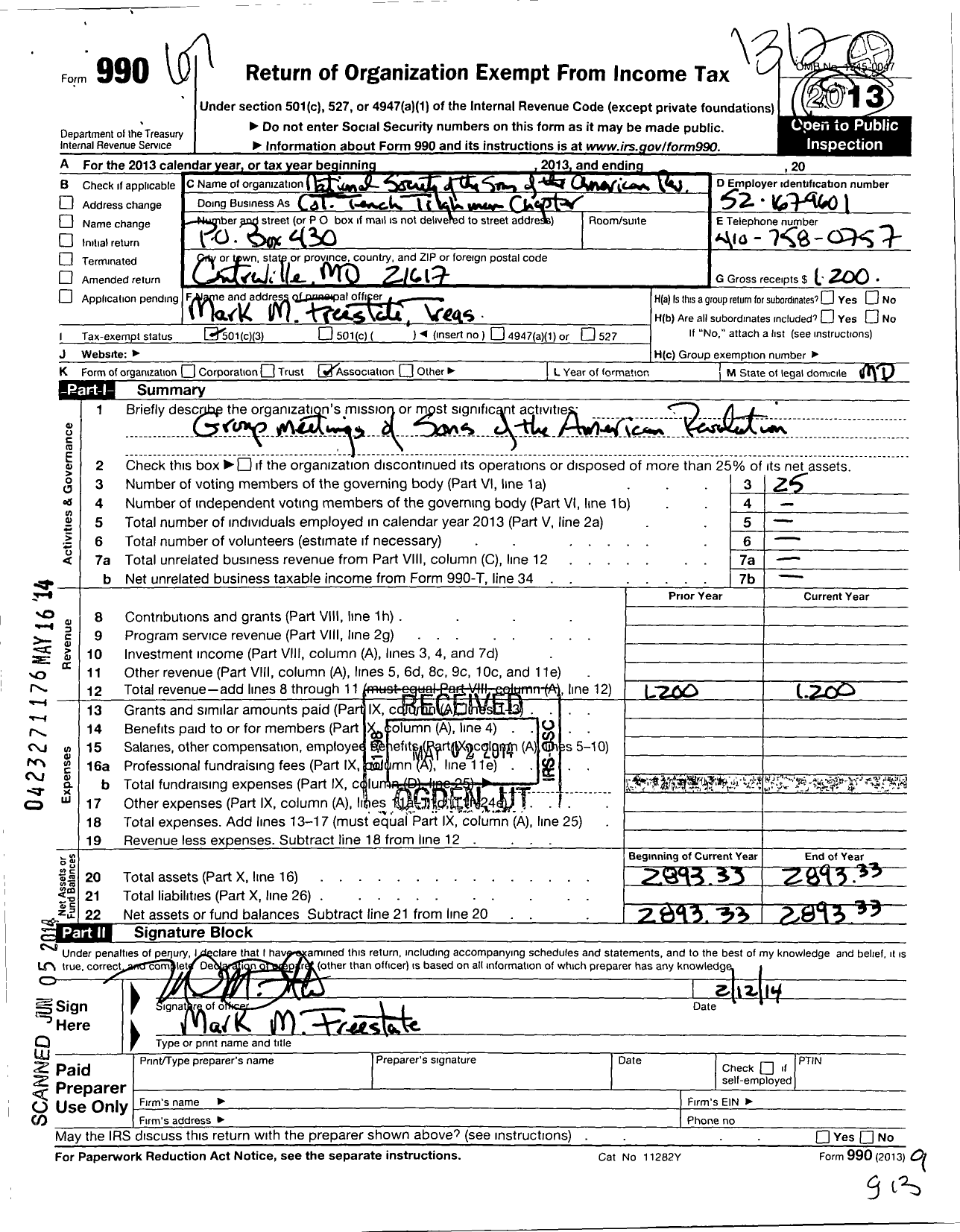 Image of first page of 2013 Form 990 for National Society of the Sons of the American Revolution / Col Tench Tilghman