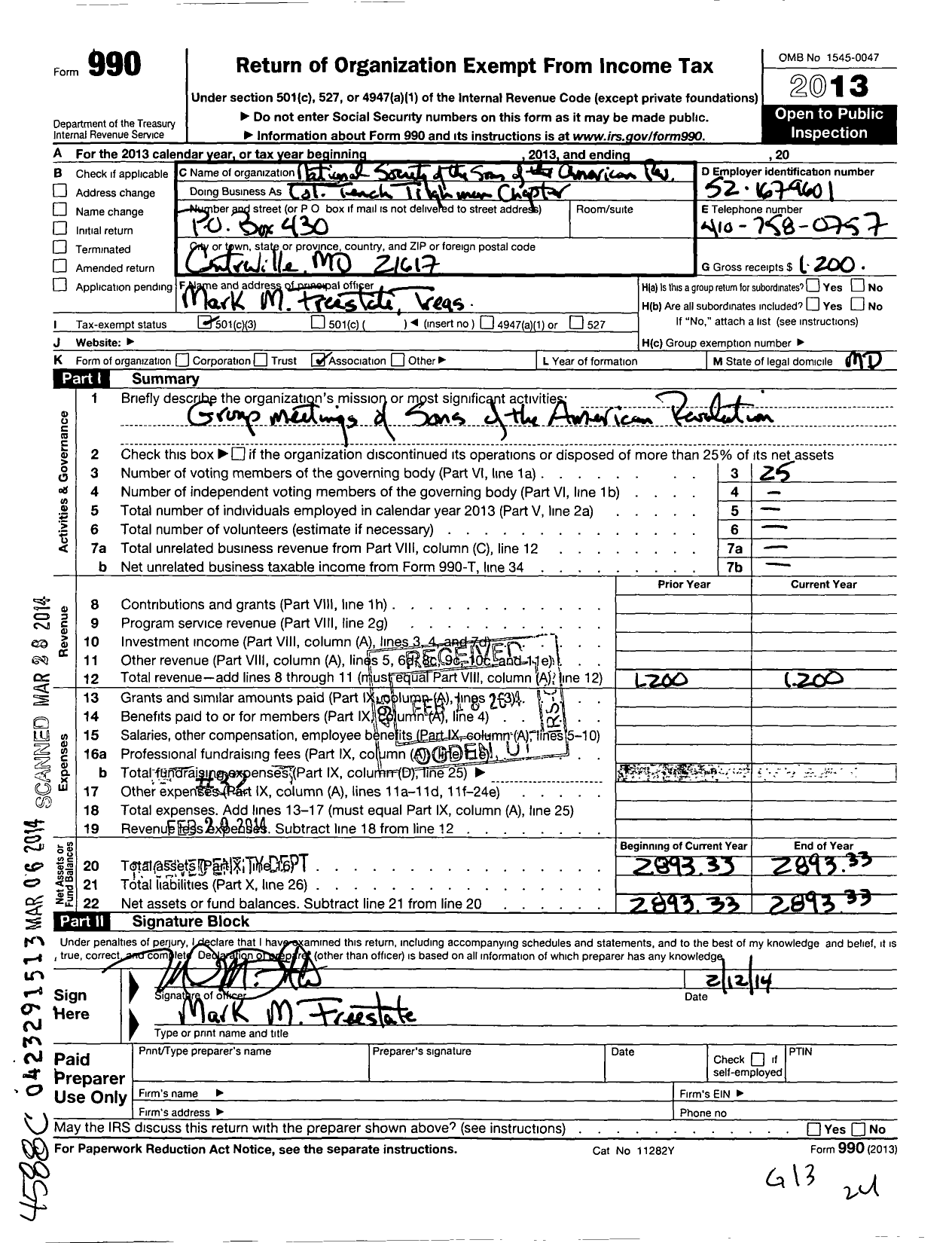 Image of first page of 2013 Form 990 for National Society of the Sons of the American Revolution / Col Tench Tilghman