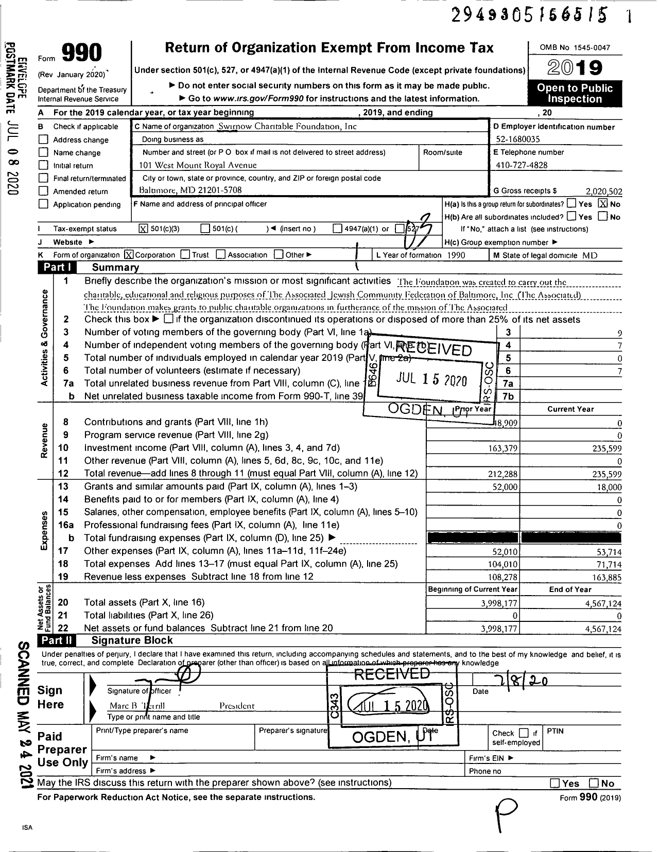 Image of first page of 2019 Form 990 for Swirnow Charitable Foundation