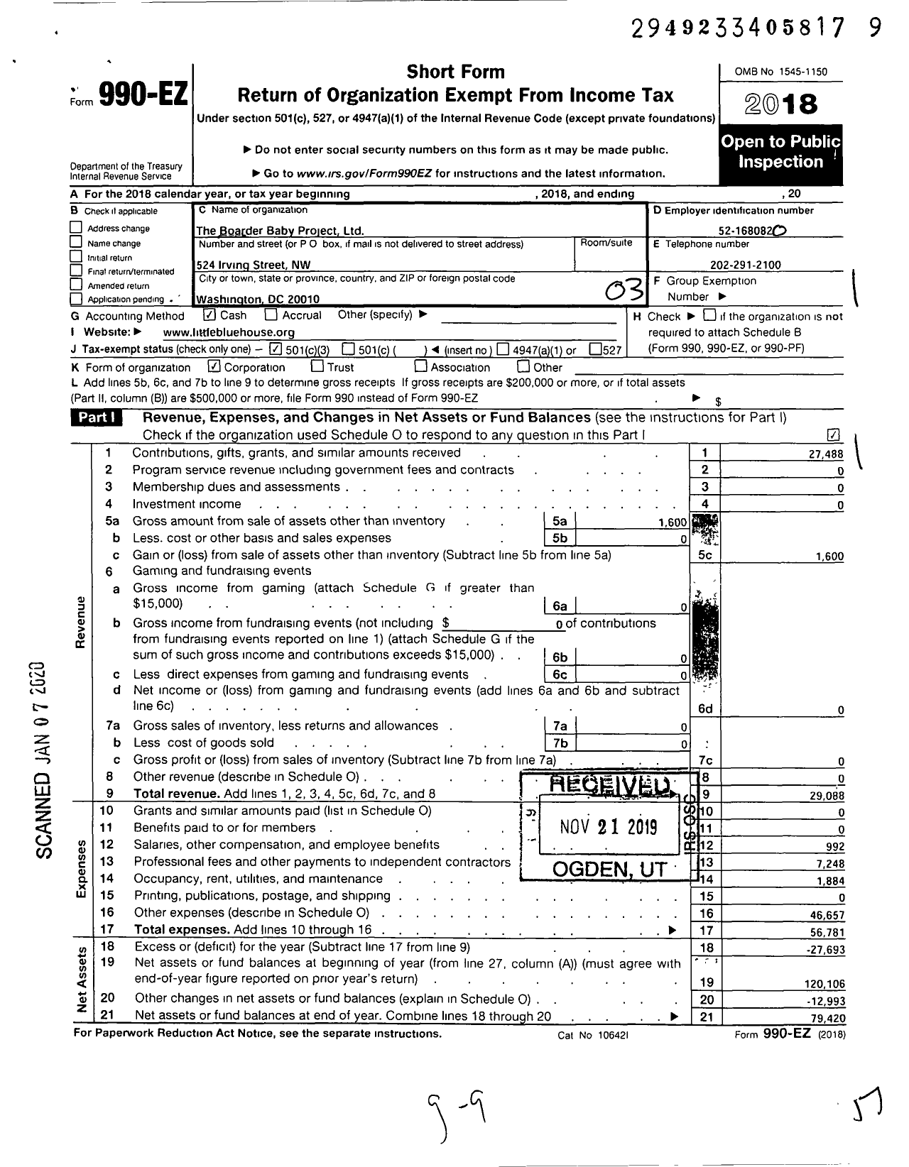 Image of first page of 2018 Form 990EZ for The Boarder Baby Project