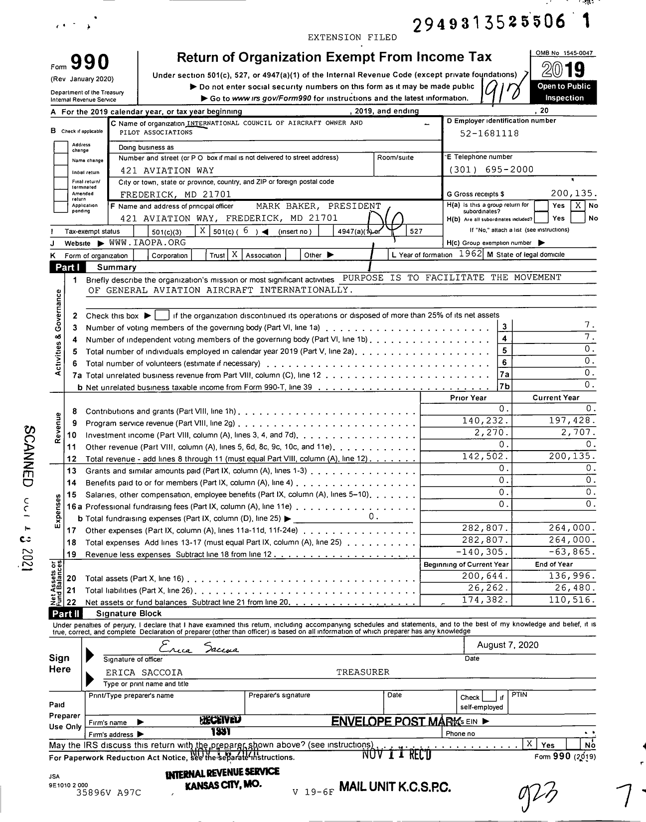 Image of first page of 2019 Form 990O for International Council of Aircraft Owner and Pilot Associations