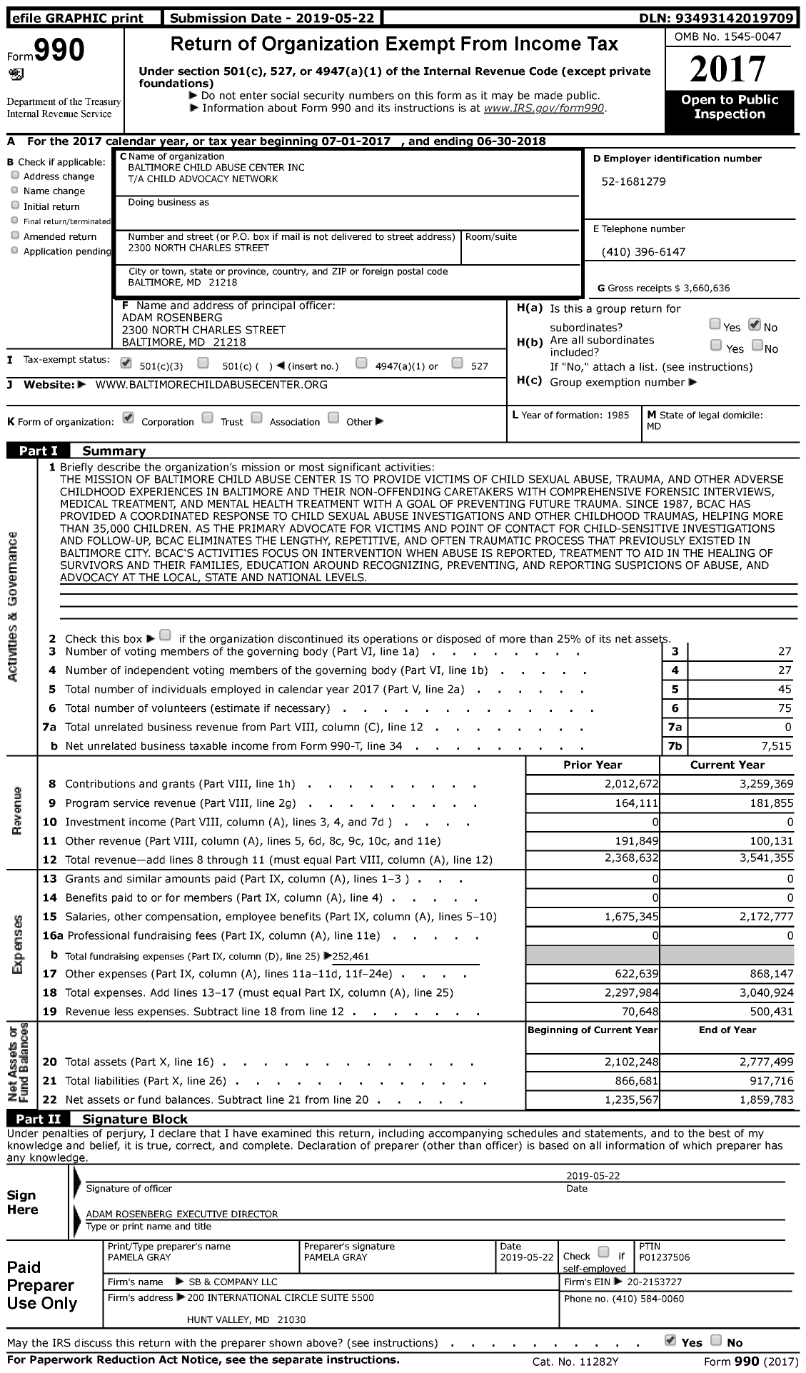 Image of first page of 2017 Form 990 for Center for Hope / Child Advocacy Network (BCAC)