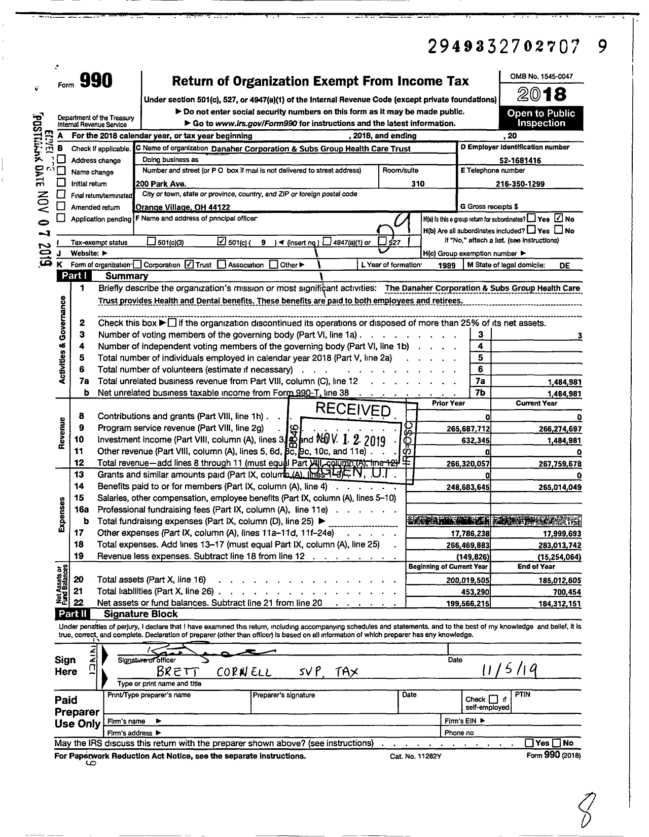 Image of first page of 2018 Form 990O for Danaher Corporation & Subs Health Care Trust