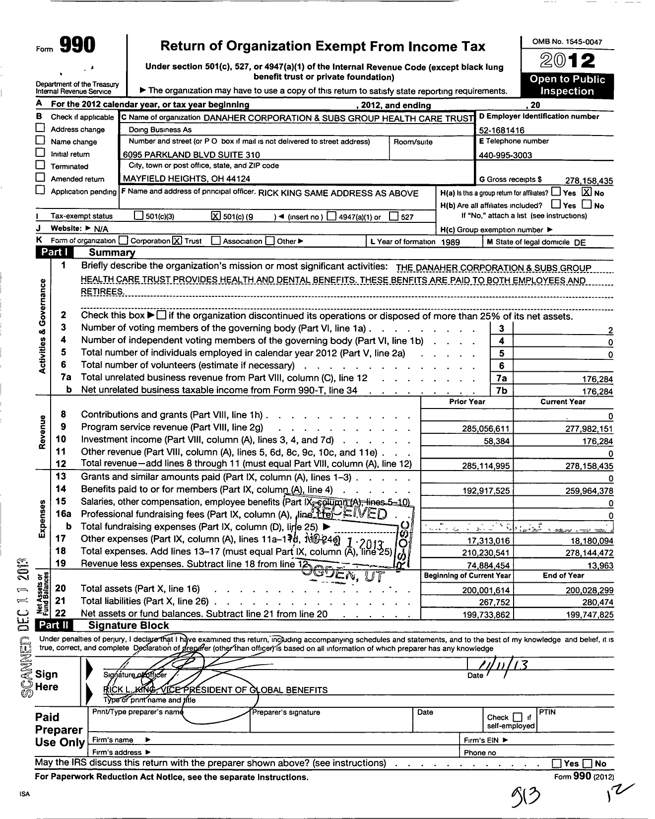 Image of first page of 2012 Form 990O for Danaher Corporation & Subs Health Care Trust