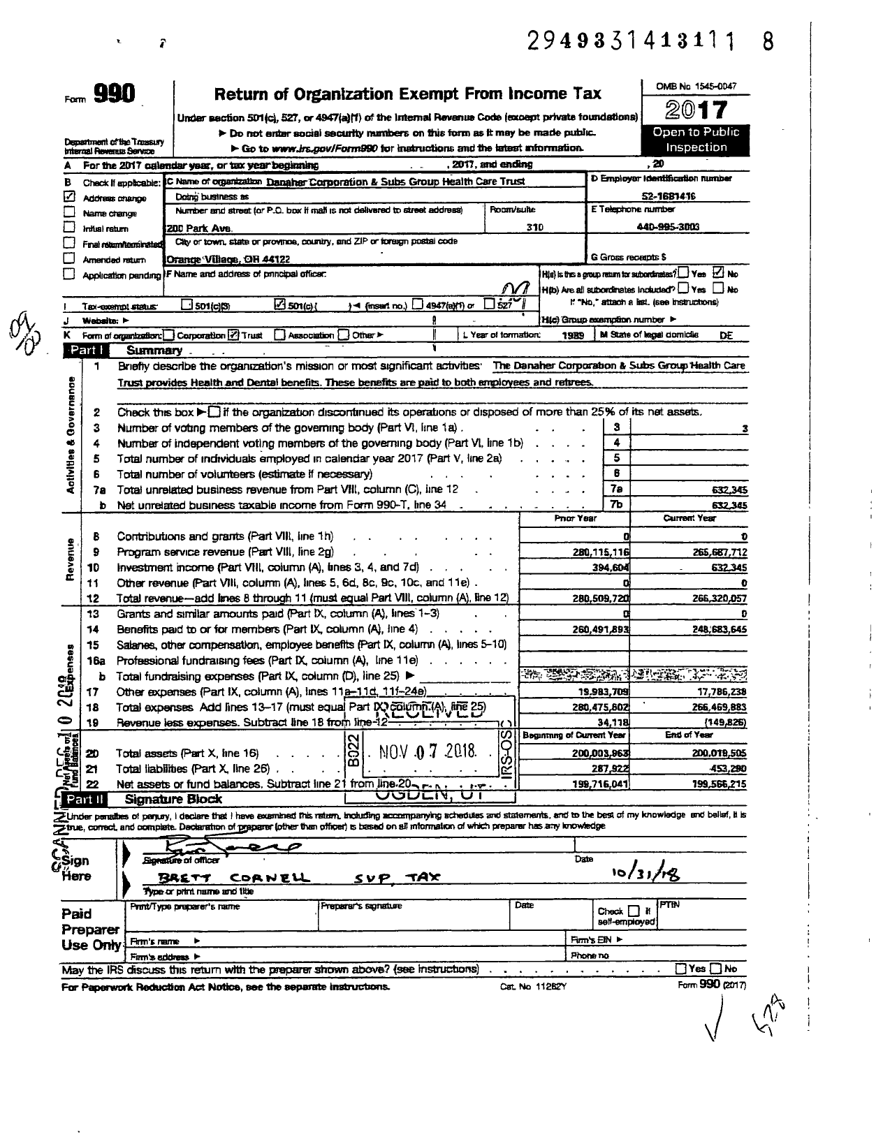 Image of first page of 2017 Form 990O for Danaher Corporation & Subs Health Care Trust