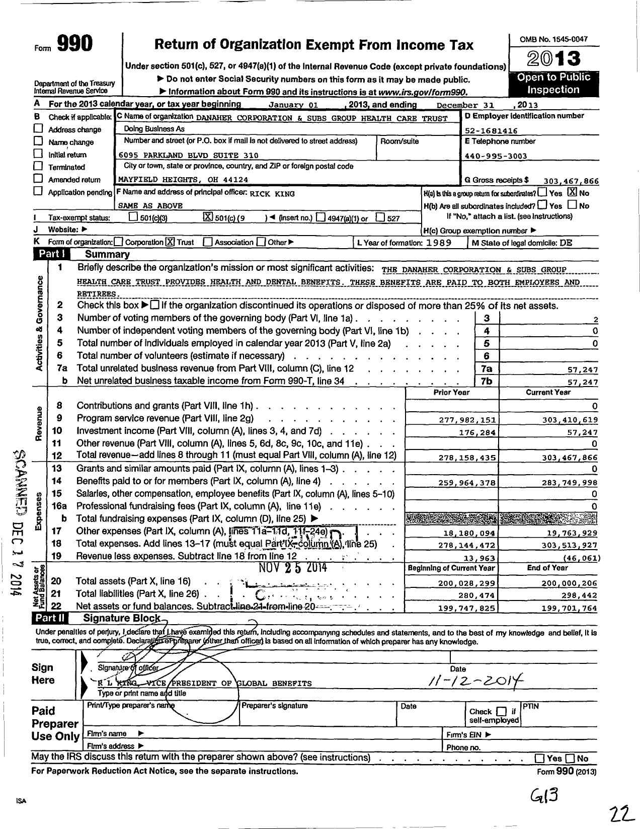 Image of first page of 2013 Form 990O for Danaher Corporation & Subs Health Care Trust