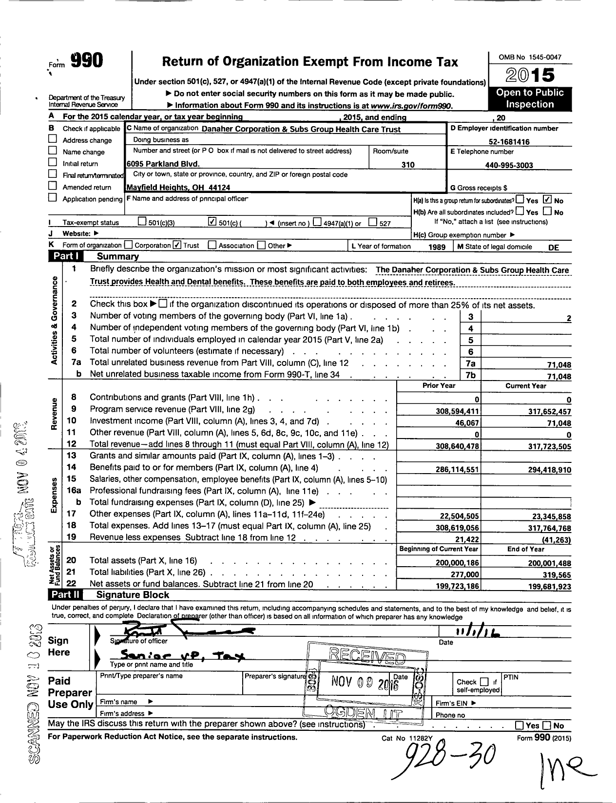Image of first page of 2015 Form 990O for Danaher Corporation & Subs Health Care Trust