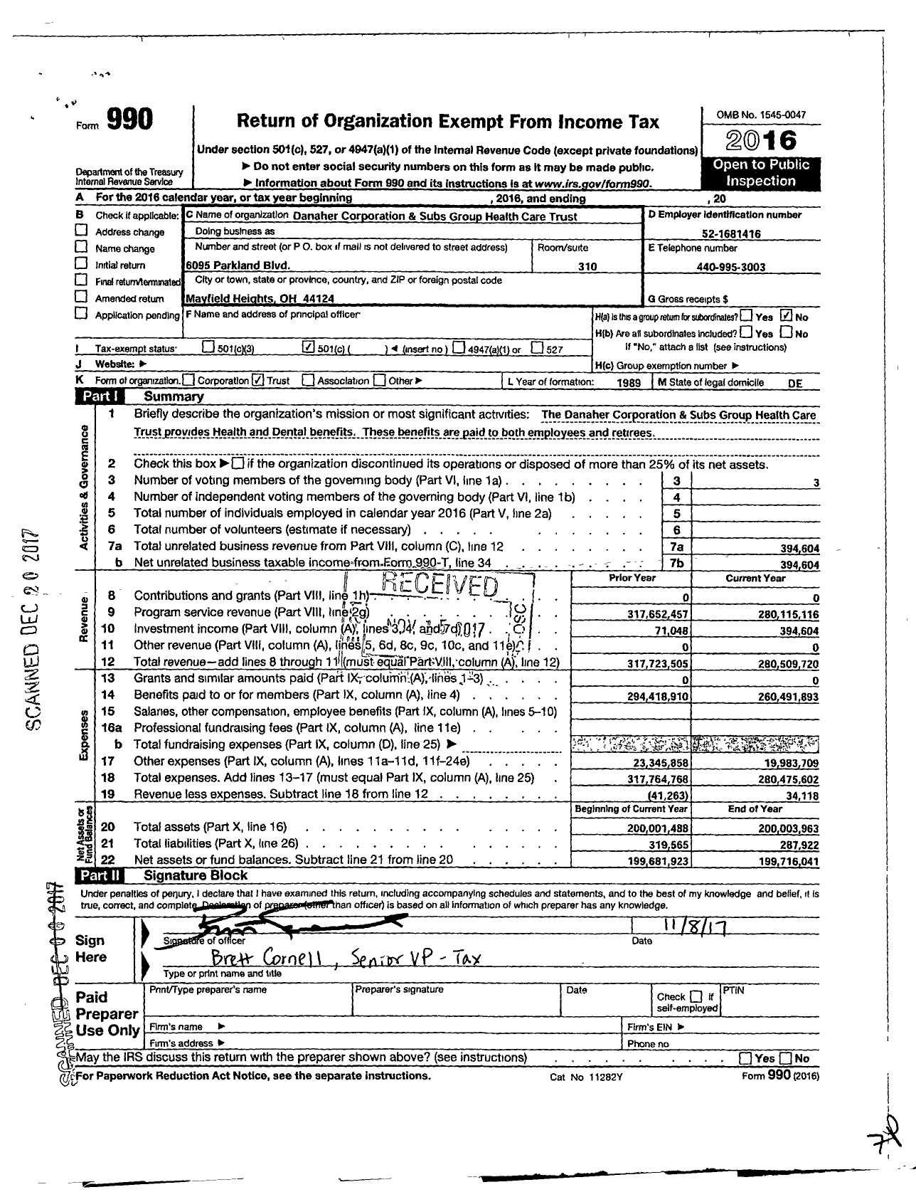 Image of first page of 2016 Form 990O for Danaher Corporation & Subs Health Care Trust