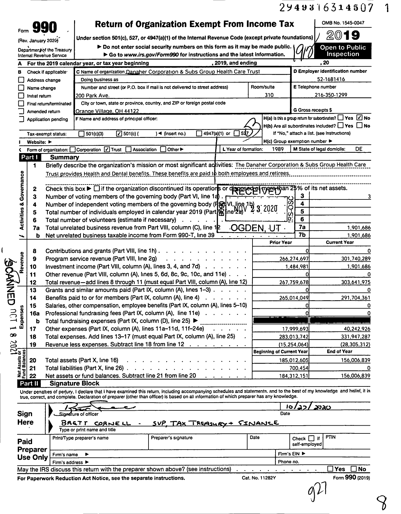 Image of first page of 2019 Form 990 for Danaher Corporation & Subs Health Care Trust