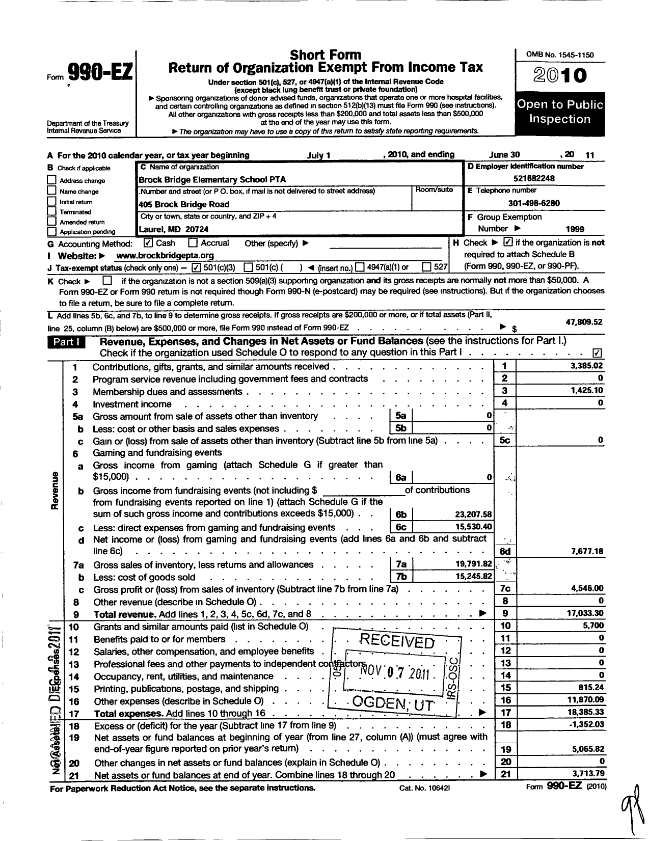 Image of first page of 2010 Form 990EZ for PTA Maryland Congress of Parents and Teachers / Brock Bridge Elementary School PTA