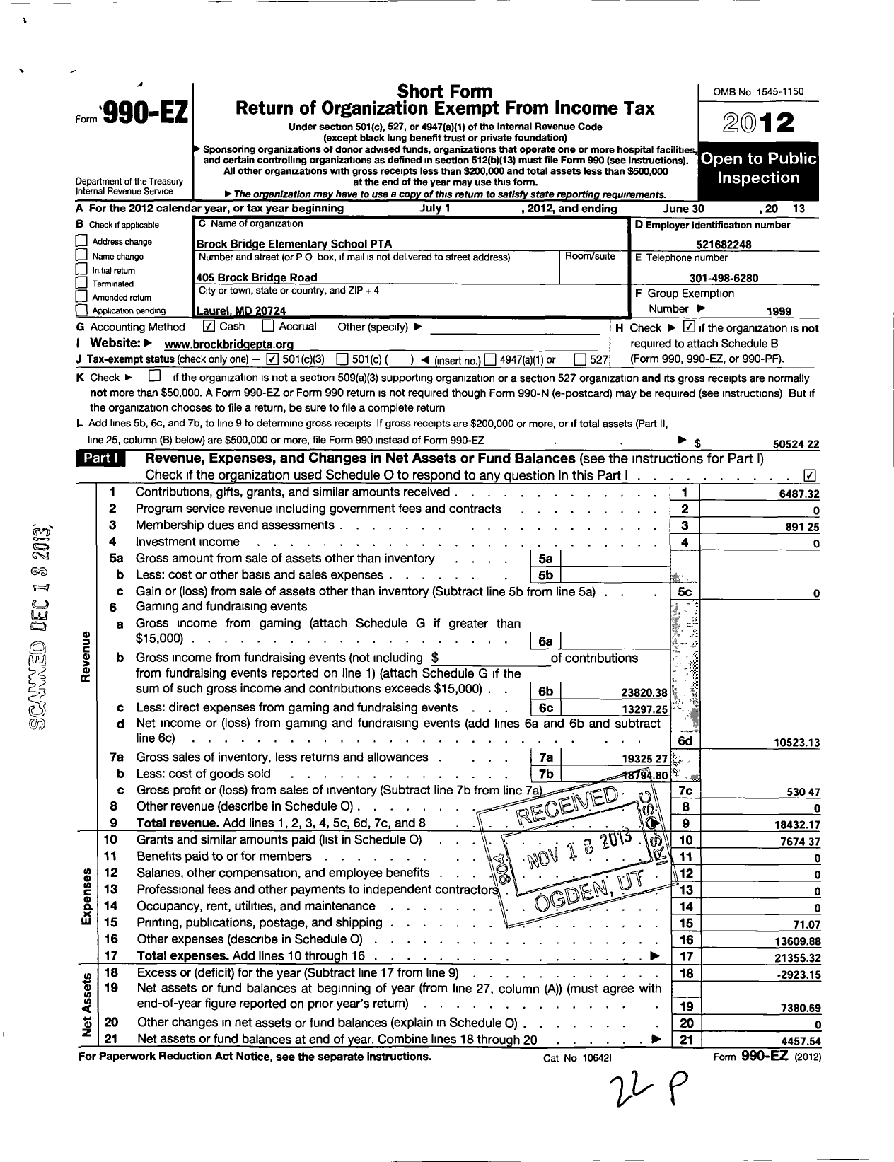 Image of first page of 2012 Form 990EZ for PTA Maryland Congress of Parents and Teachers / Brock Bridge Elementary School PTA