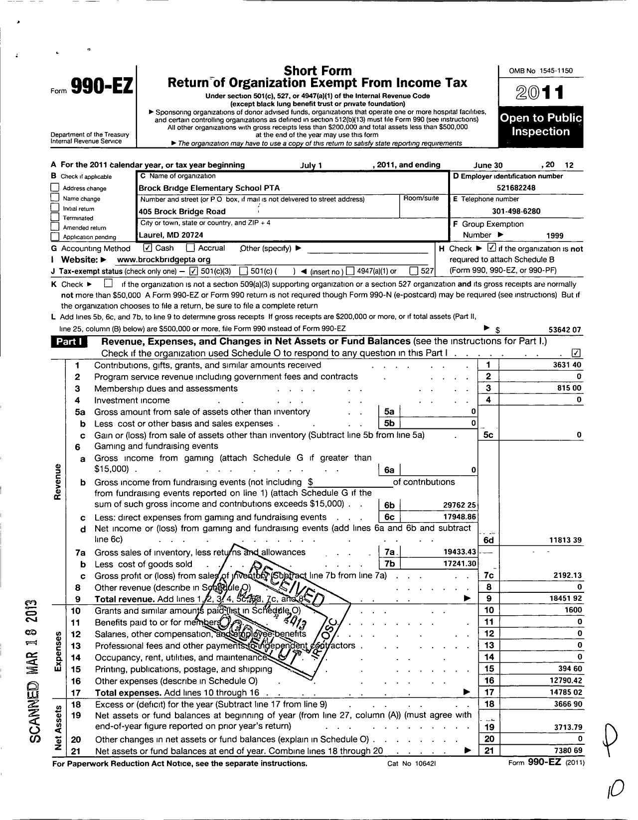 Image of first page of 2011 Form 990EZ for PTA Maryland Congress of Parents and Teachers / Brock Bridge Elementary School PTA