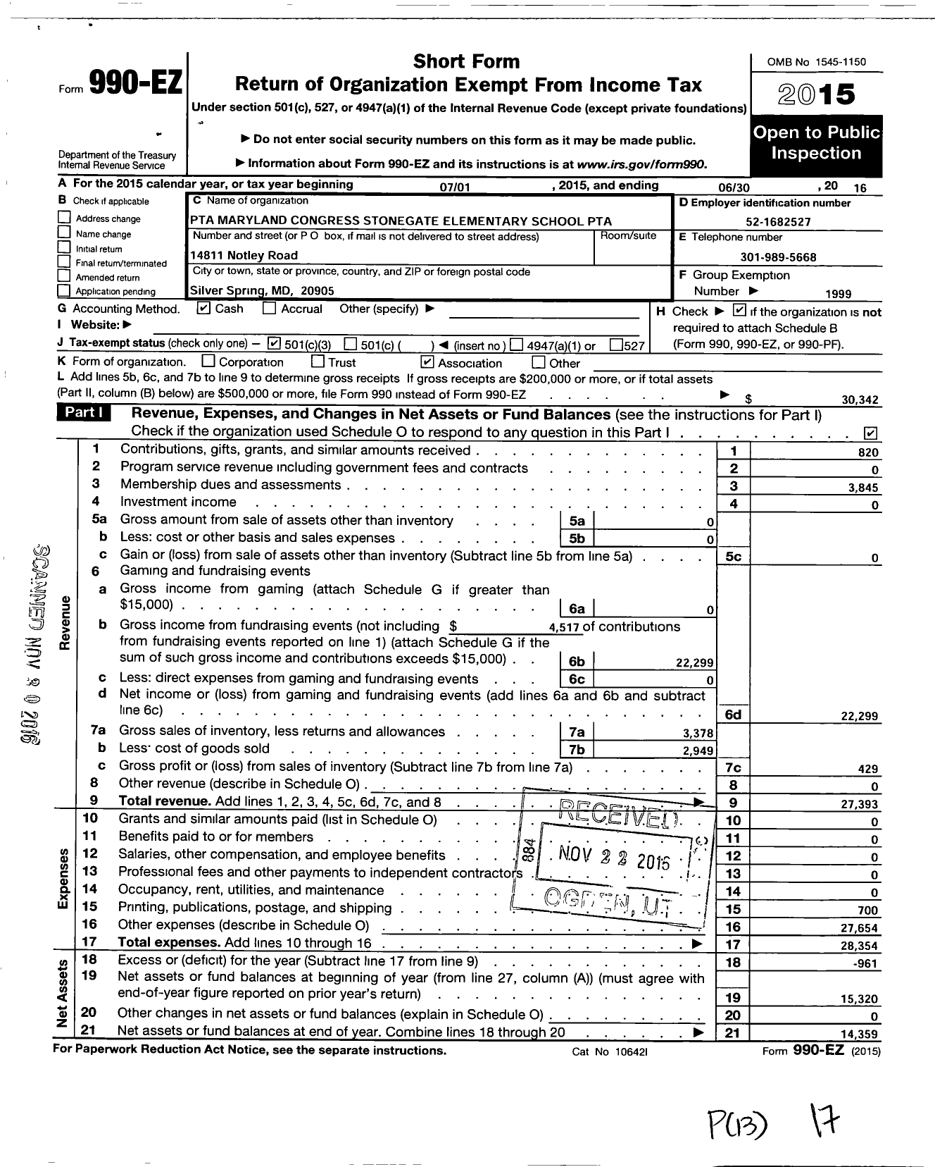 Image of first page of 2015 Form 990EZ for PTA Delaware Congress / Stonegate Elementary School PTA