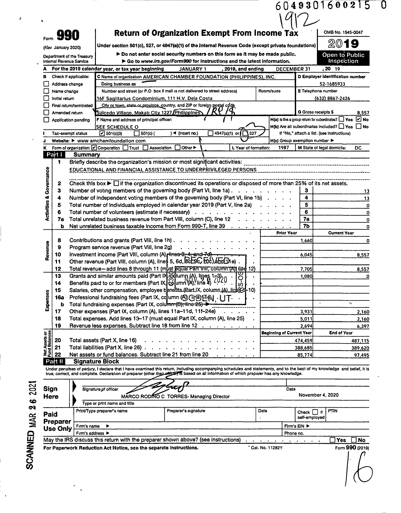 Image of first page of 2019 Form 990 for American Chamber Foundation Philippines