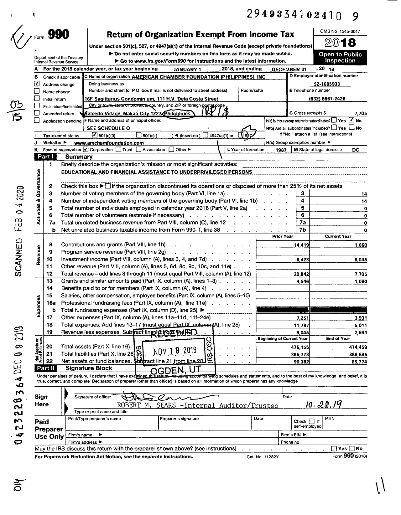 Image of first page of 2018 Form 990 for American Chamber Foundation Philippines