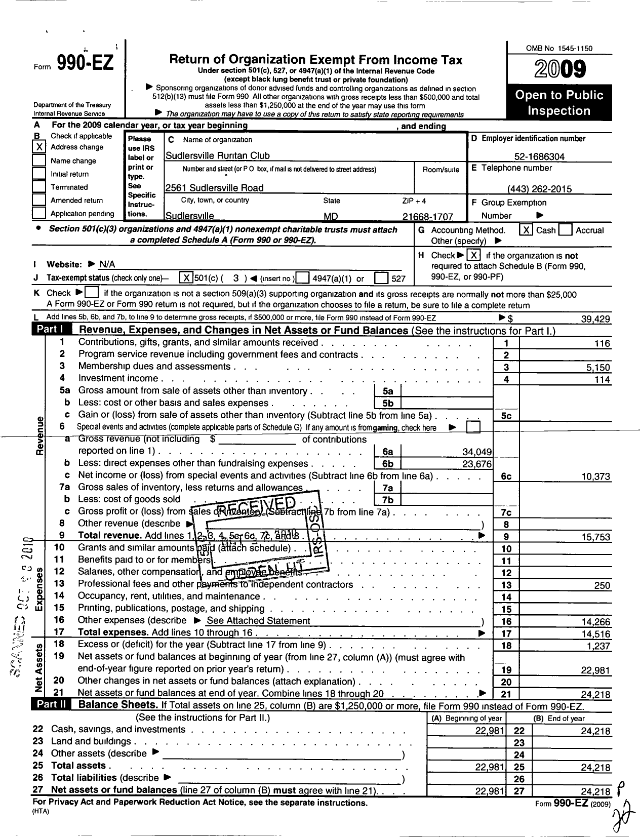 Image of first page of 2009 Form 990EZ for Ruritan - Sudersville