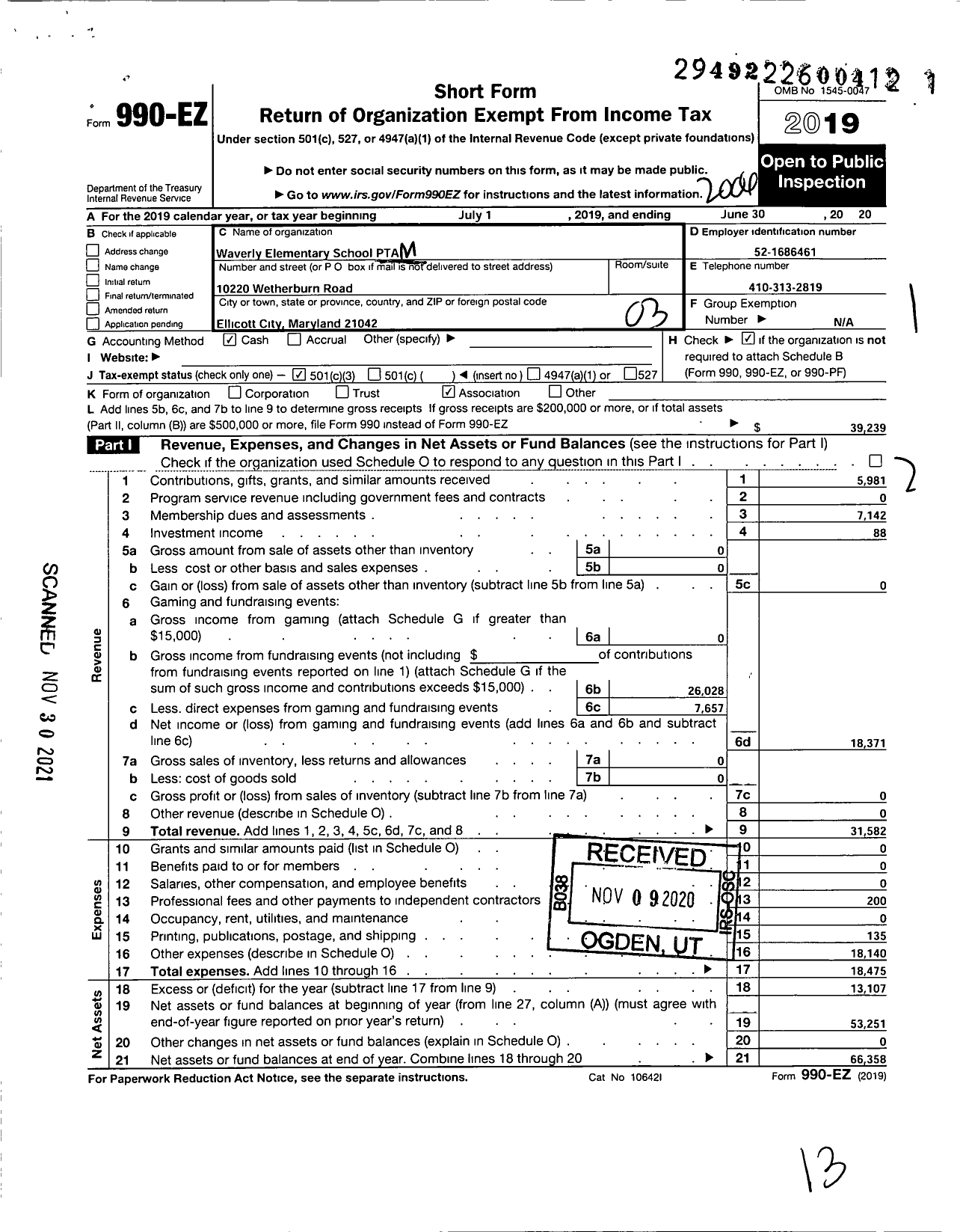 Image of first page of 2019 Form 990EZ for PTA Maryland Congress of Parents and Teachers / Waverly Elementary School PTA