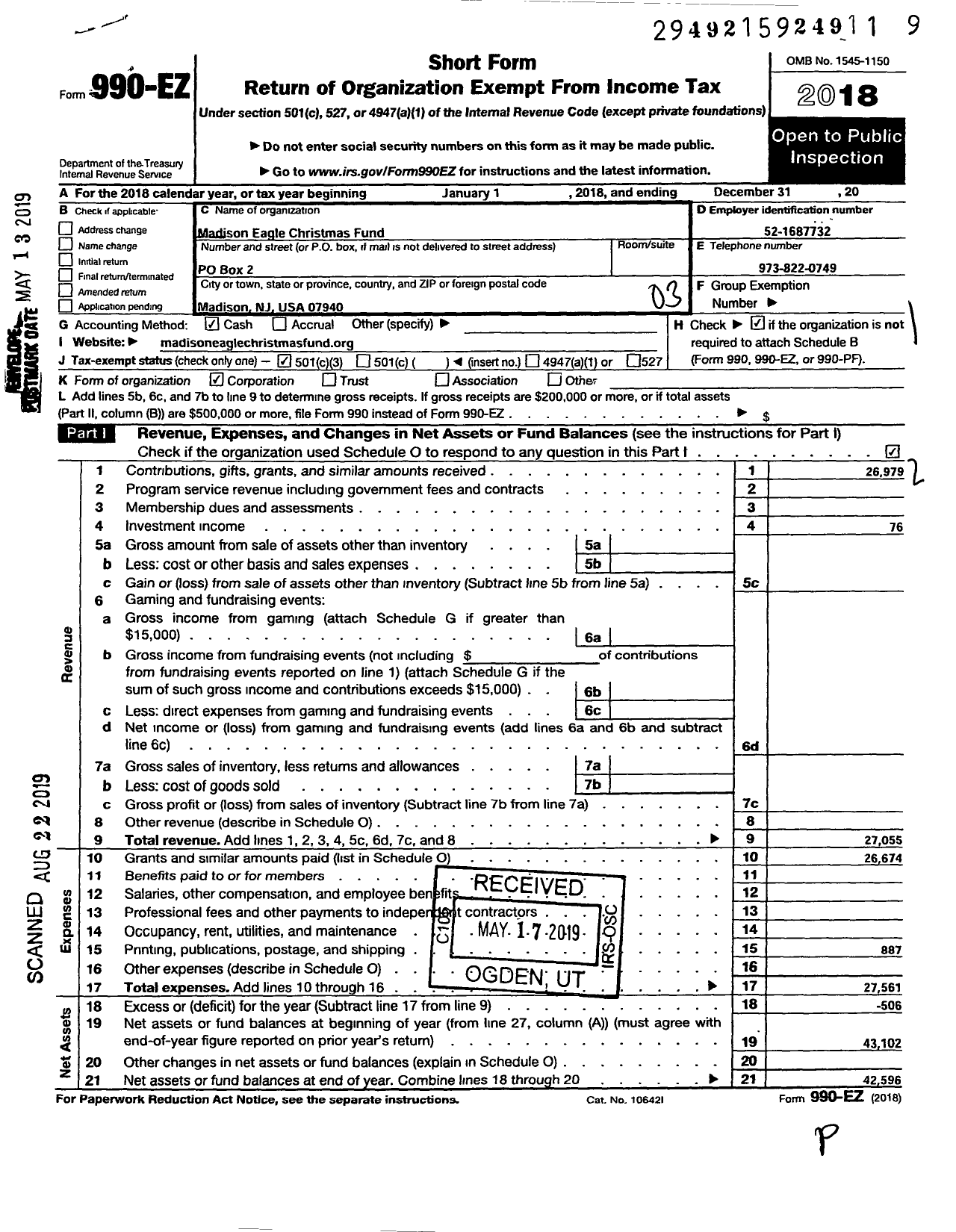 Image of first page of 2018 Form 990EZ for Madison Eagle Christmas Fund