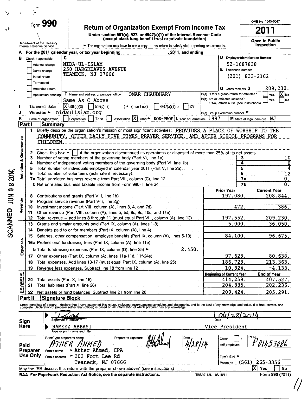 Image of first page of 2011 Form 990 for Nida-Ul-Islam