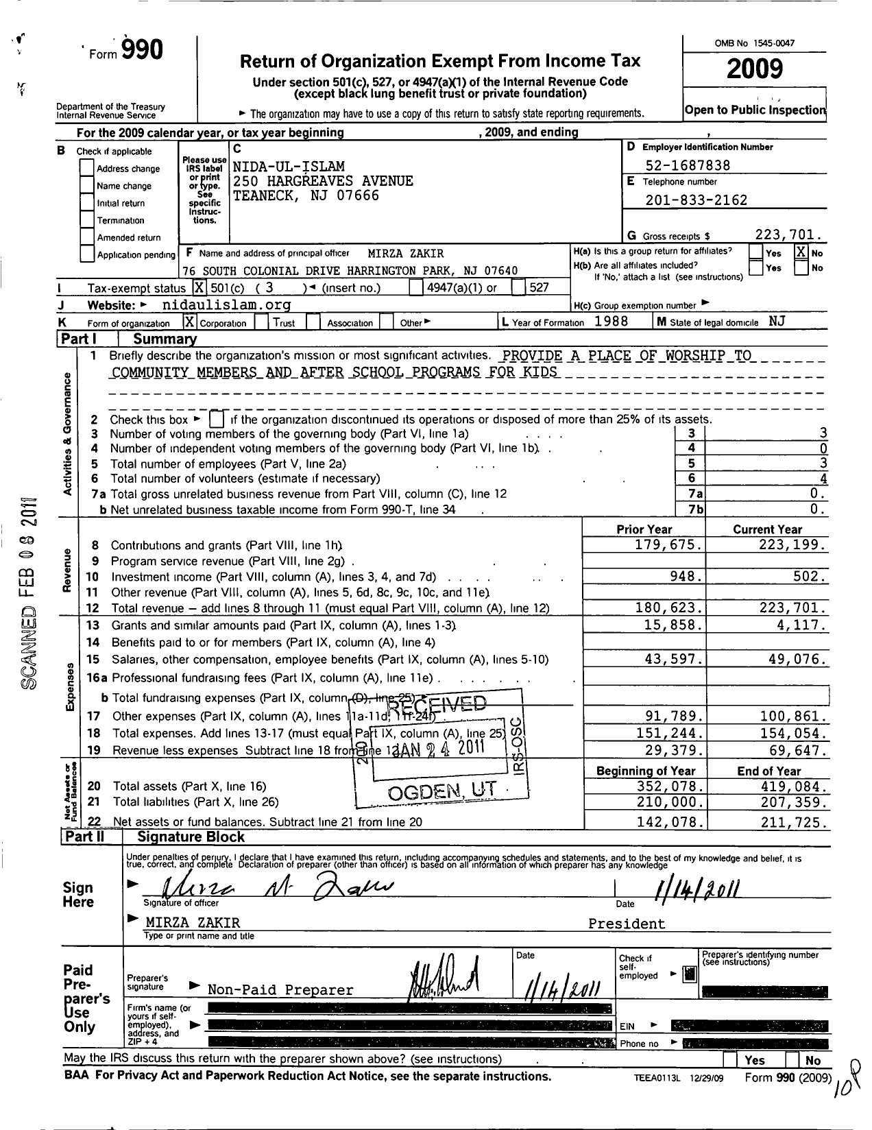 Image of first page of 2009 Form 990 for Nida-Ul-Islam