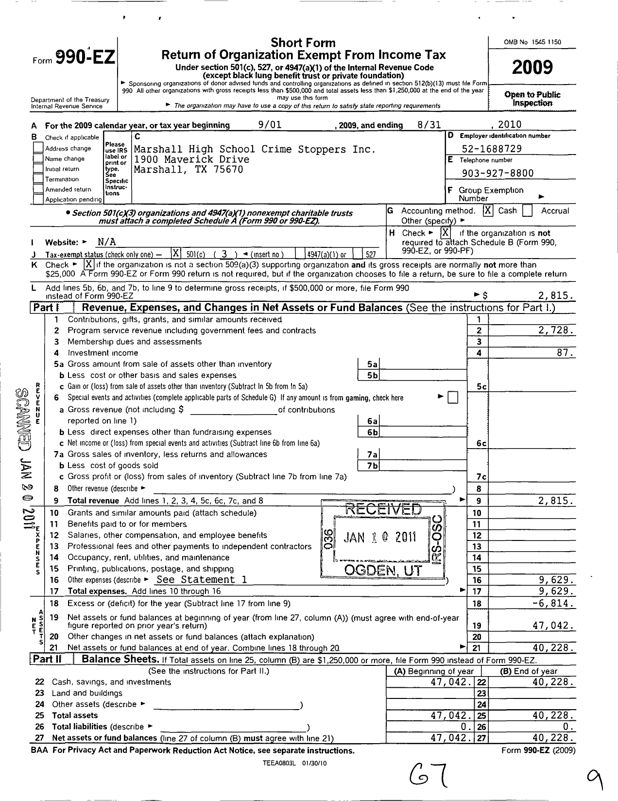 Image of first page of 2009 Form 990EZ for Marshall High School Crime St