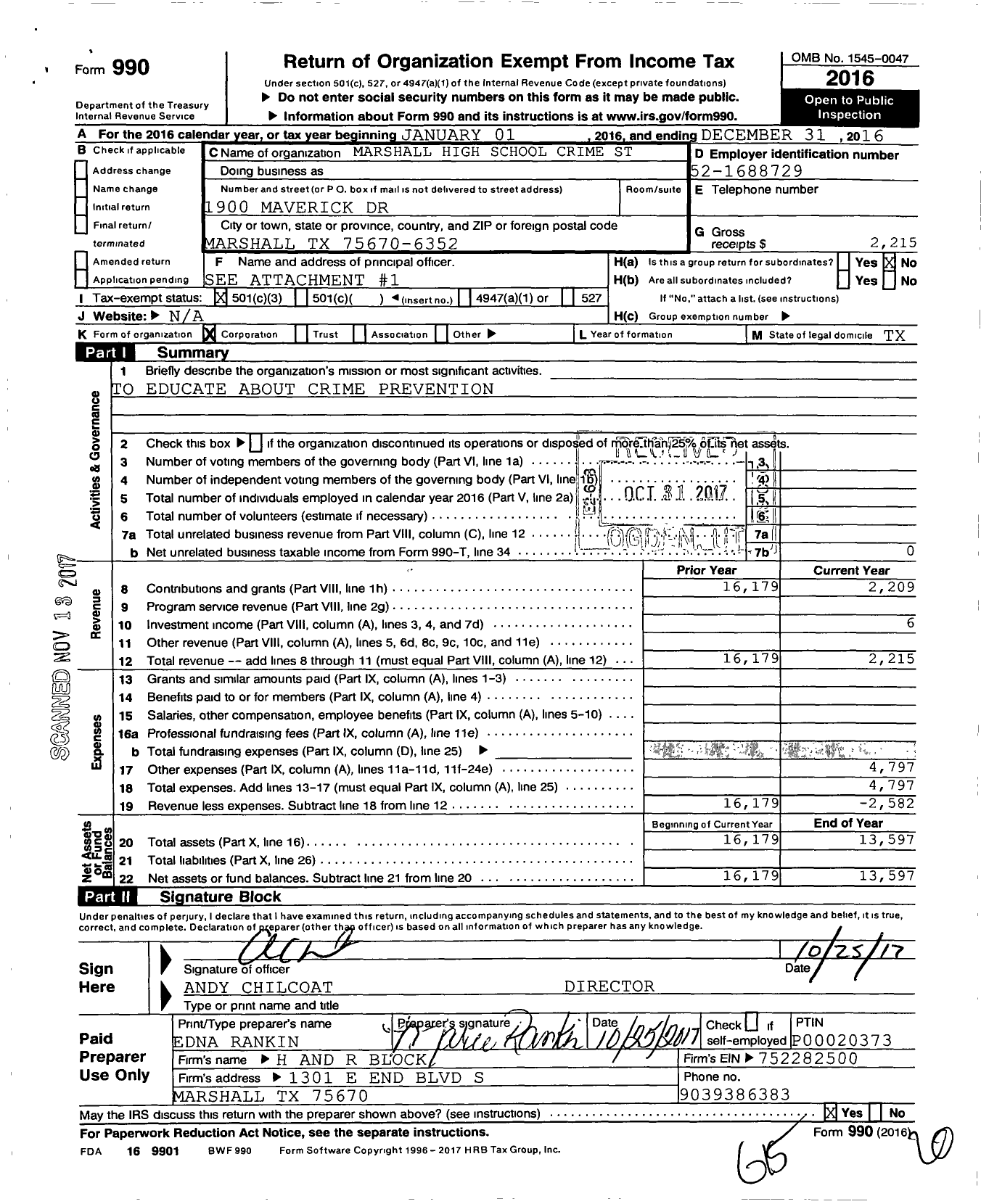 Image of first page of 2016 Form 990 for Marshall High School Crime St