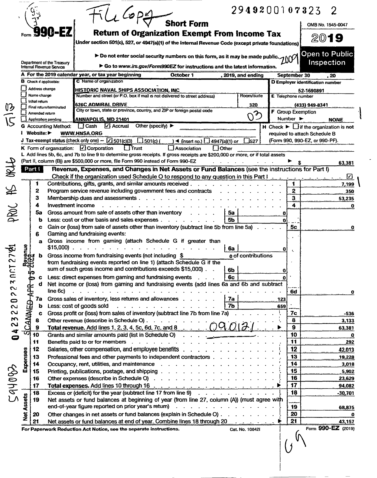 Image of first page of 2019 Form 990EZ for Historic Naval Ships Association