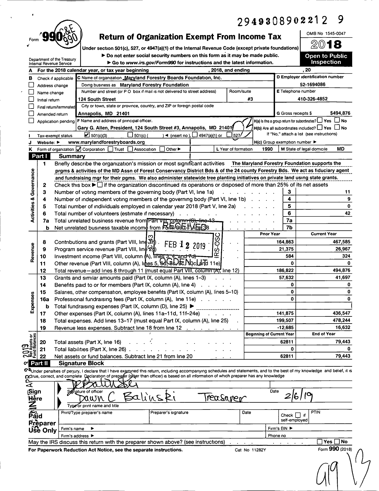 Image of first page of 2018 Form 990 for Maryland Forestry Foundation