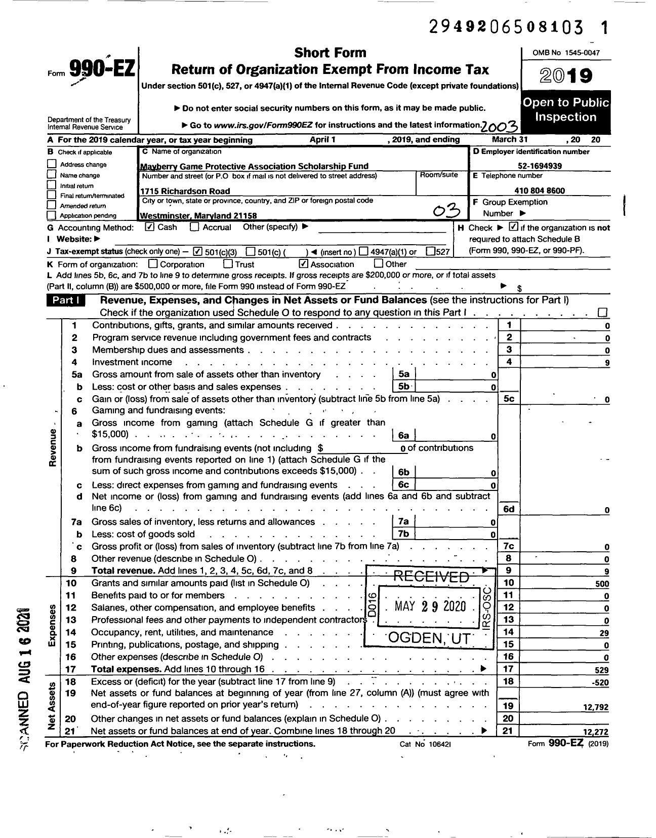 Image of first page of 2019 Form 990EZ for Mayberry Game Protective Association Scholorship Fund