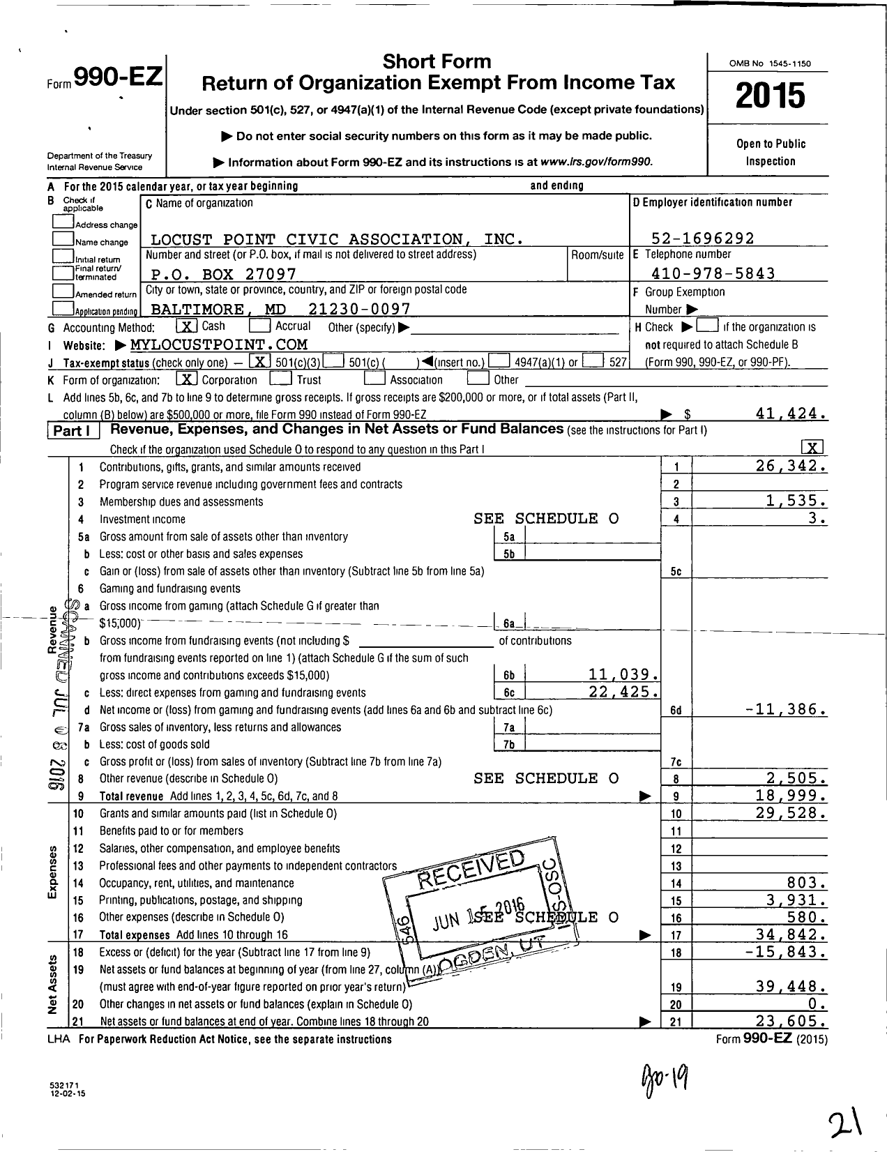 Image of first page of 2015 Form 990EZ for Locust Point Civic Association (LPCA)