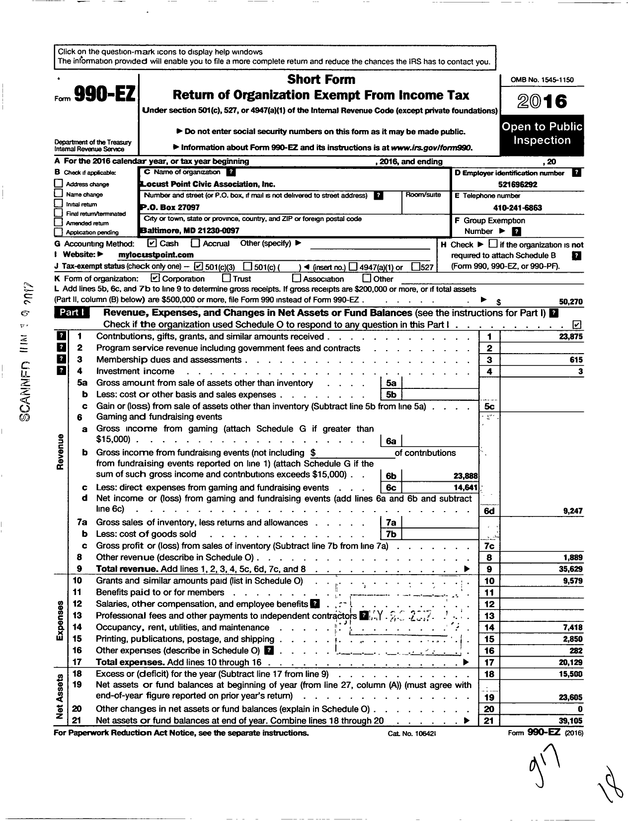 Image of first page of 2016 Form 990EZ for Locust Point Civic Association (LPCA)