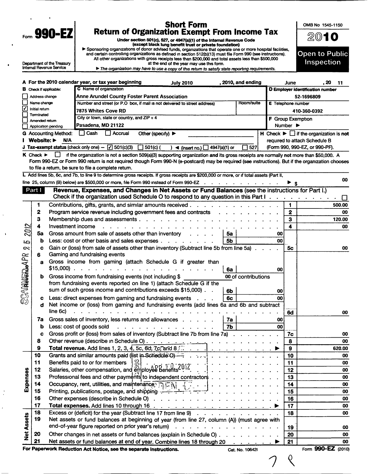 Image of first page of 2010 Form 990EZ for Anne Arundel County Foster Parents Association