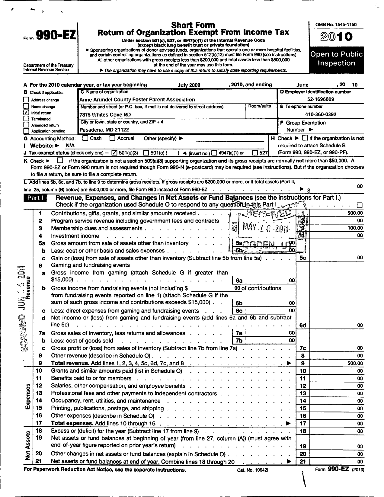 Image of first page of 2009 Form 990EZ for Anne Arundel County Foster Parents Association