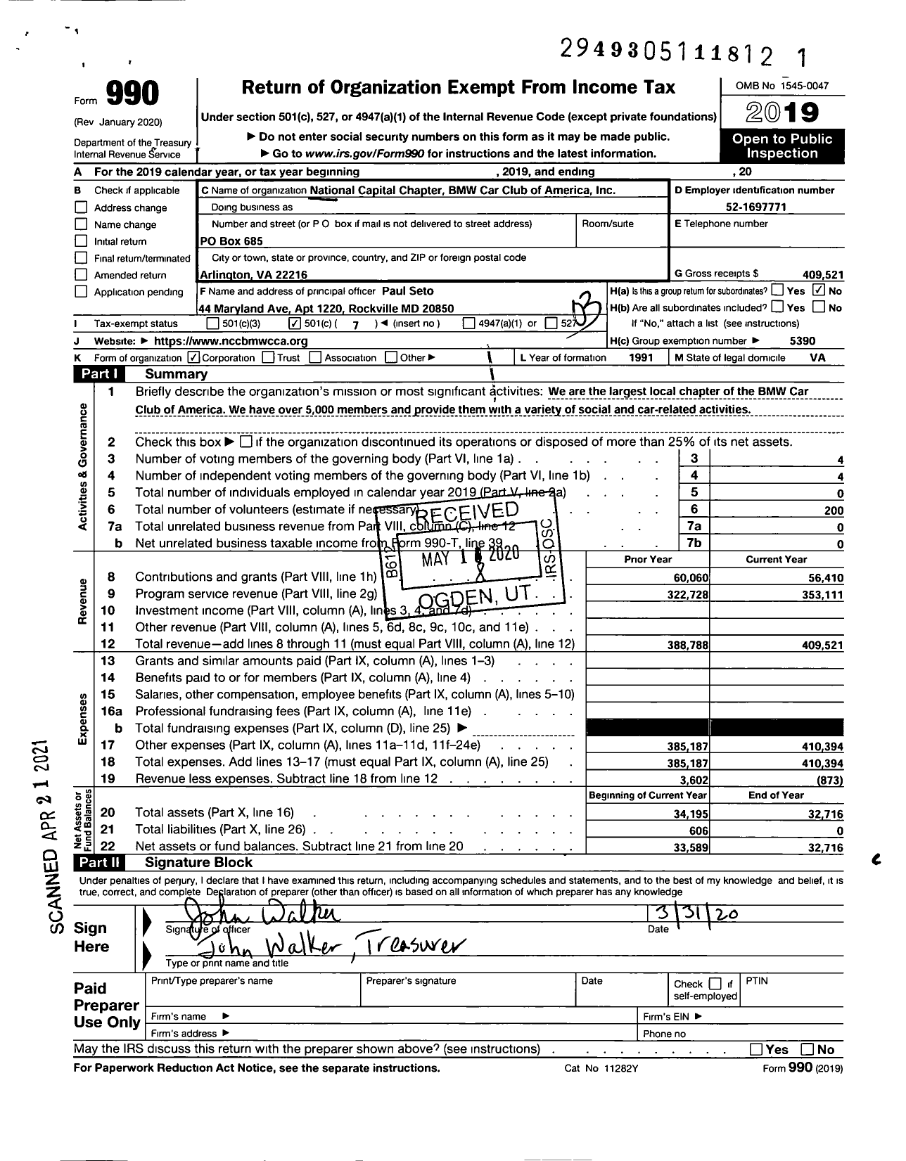 Image of first page of 2019 Form 990 for National Capital Chapter BMW Car Club of America