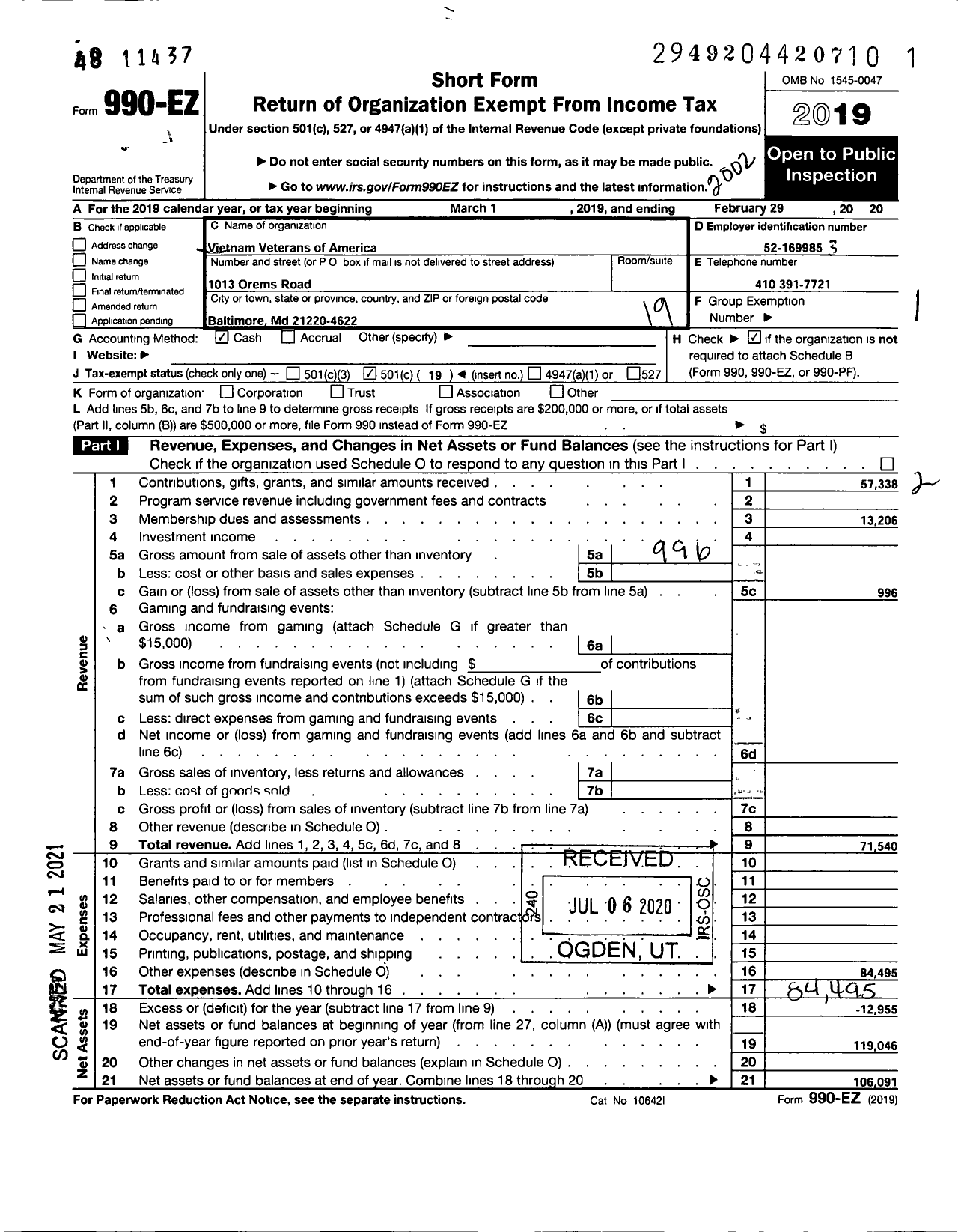 Image of first page of 2019 Form 990EO for Vietnam Veterans of America - 3 Maryland State Council