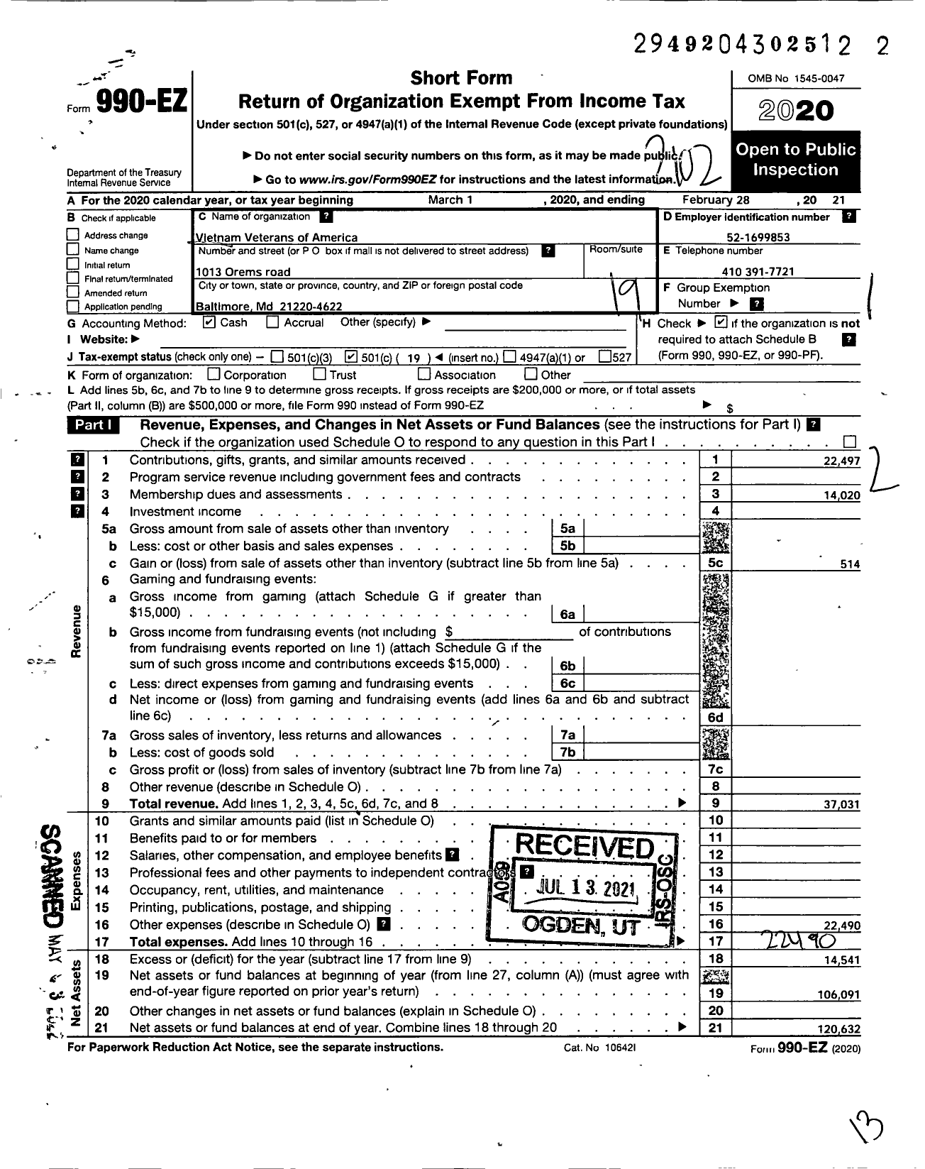 Image of first page of 2020 Form 990EO for Vietnam Veterans of America - 3 Maryland State Council