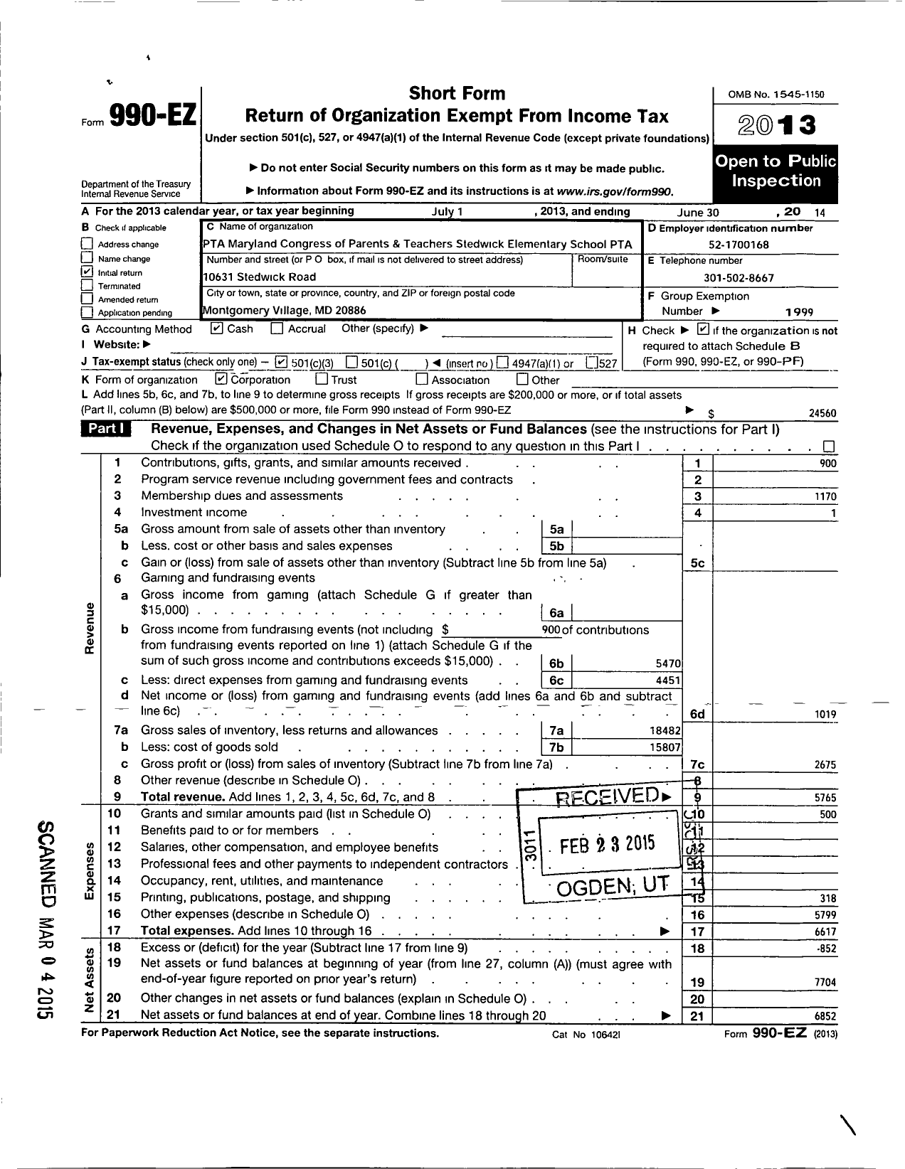 Image of first page of 2013 Form 990EZ for Stedwick Elementary PTA