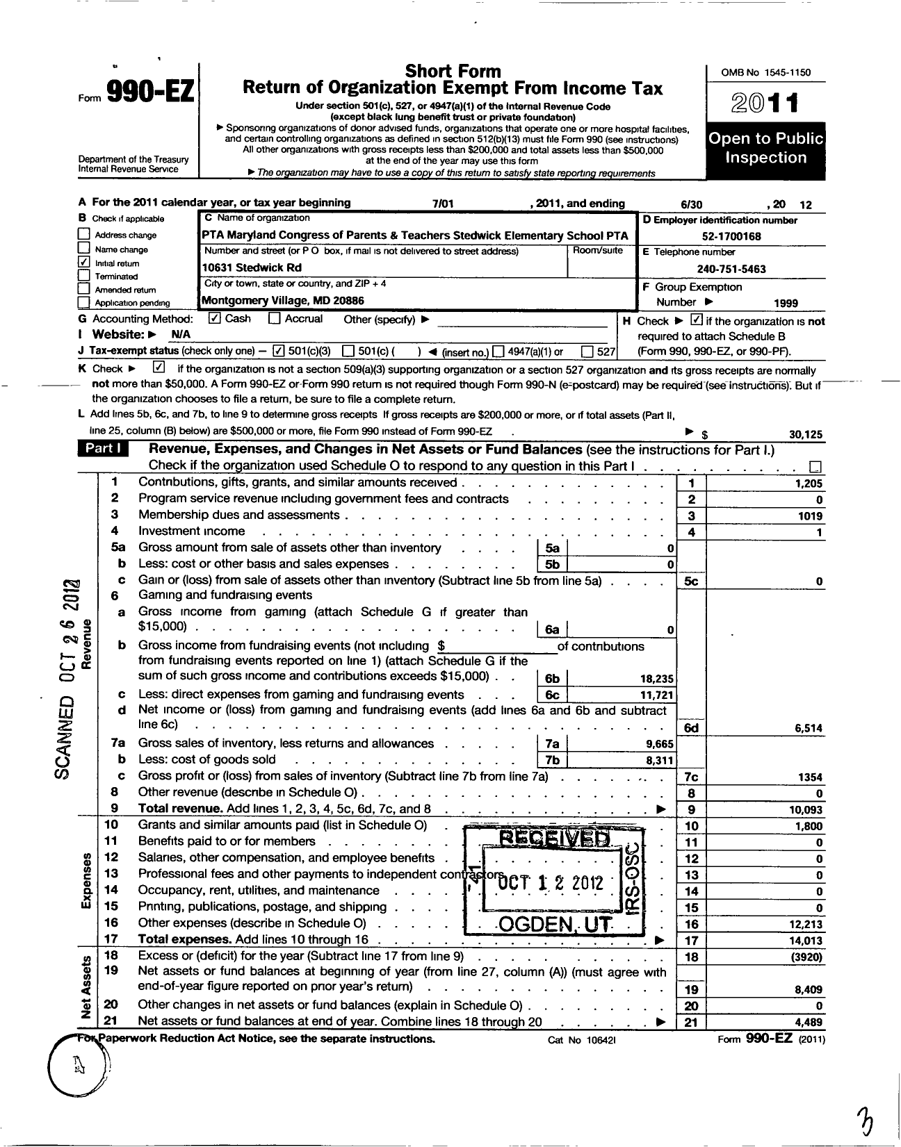 Image of first page of 2011 Form 990EZ for Stedwick Elementary PTA