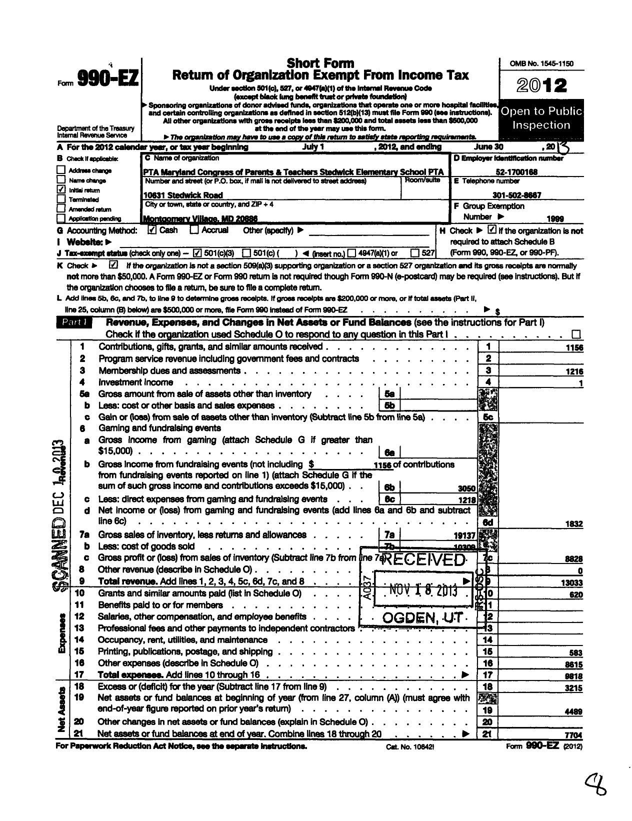 Image of first page of 2012 Form 990EZ for Stedwick Elementary PTA