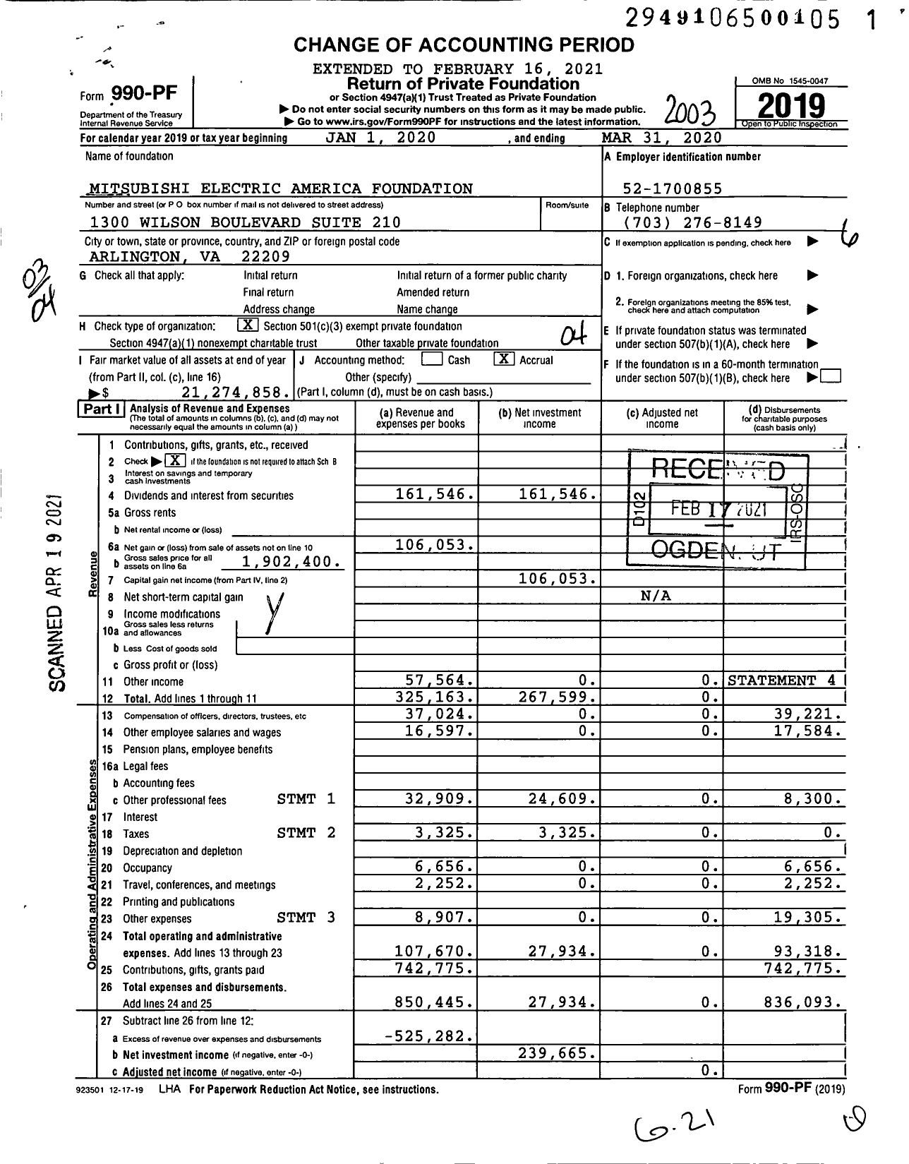 Image of first page of 2019 Form 990PF for Mitsubishi Electric America Foundation (MEAF)