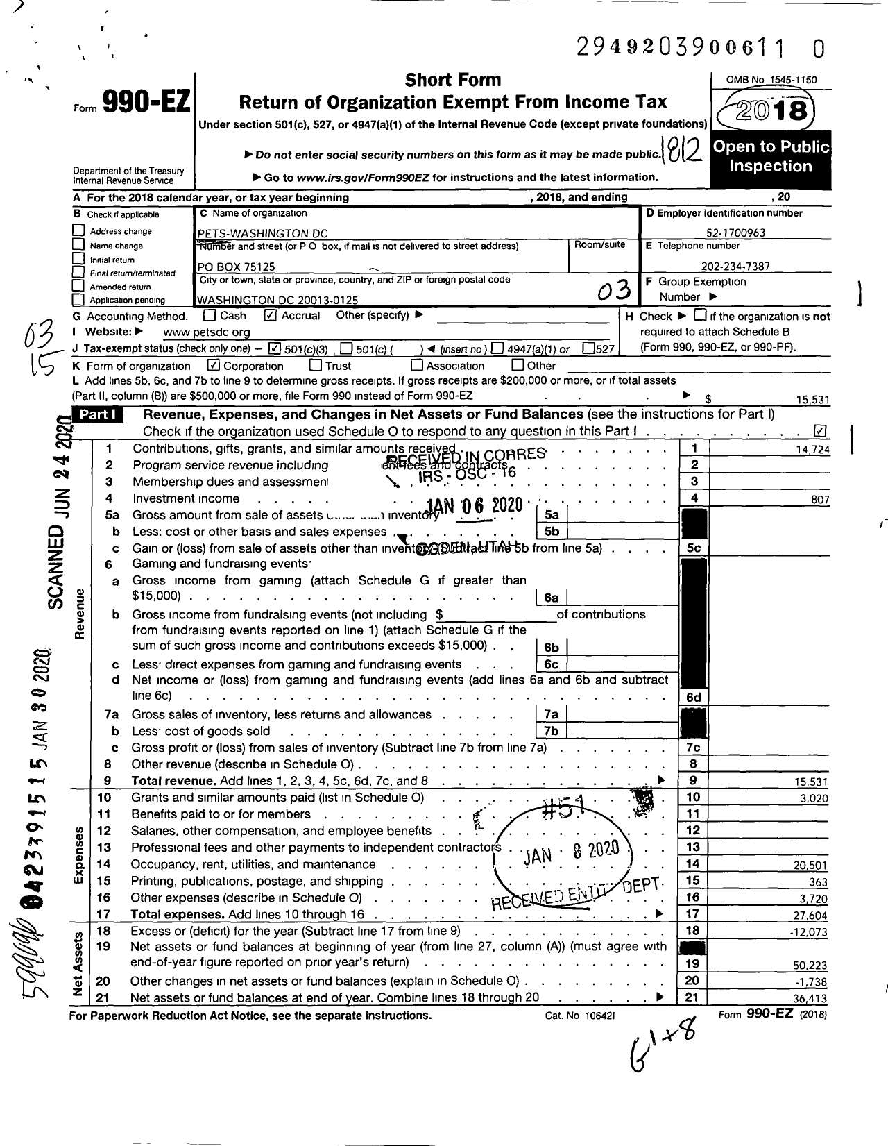 Image of first page of 2018 Form 990EZ for Pets-Washington DC