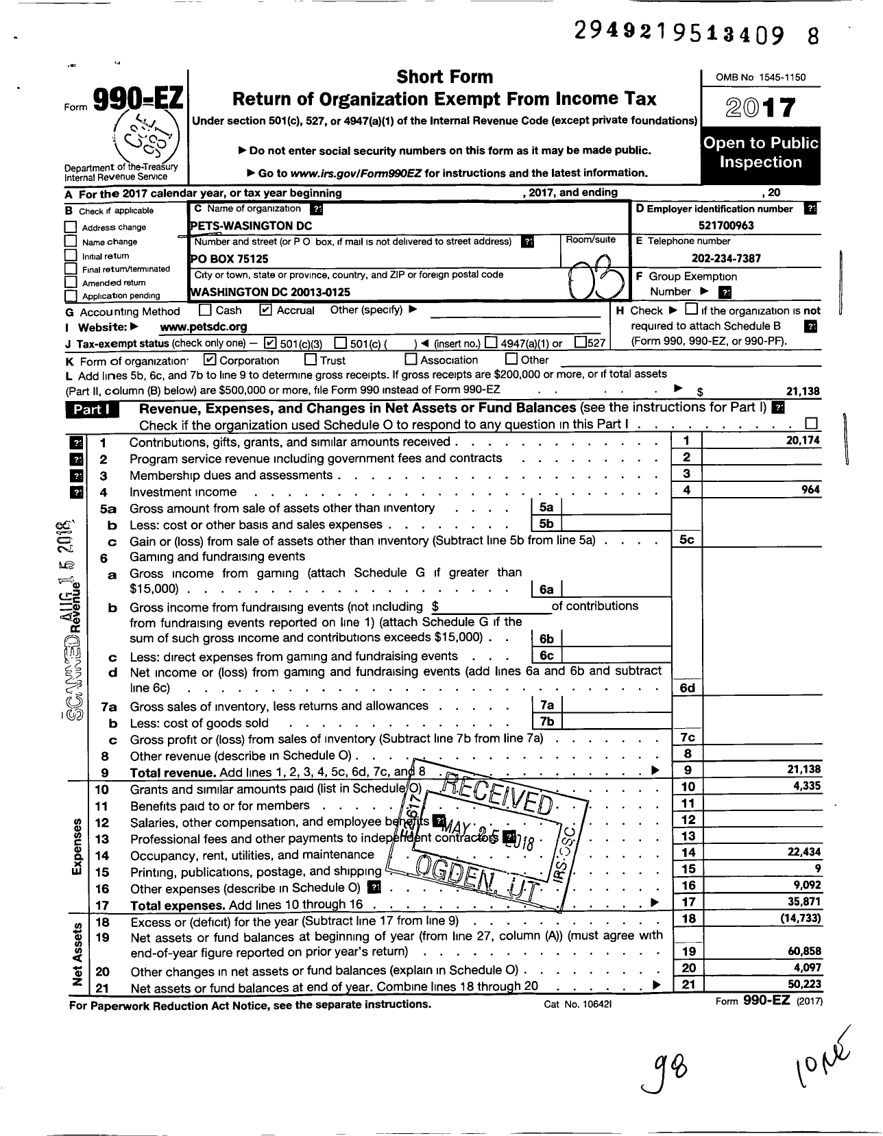 Image of first page of 2017 Form 990EZ for Pets-Washington DC