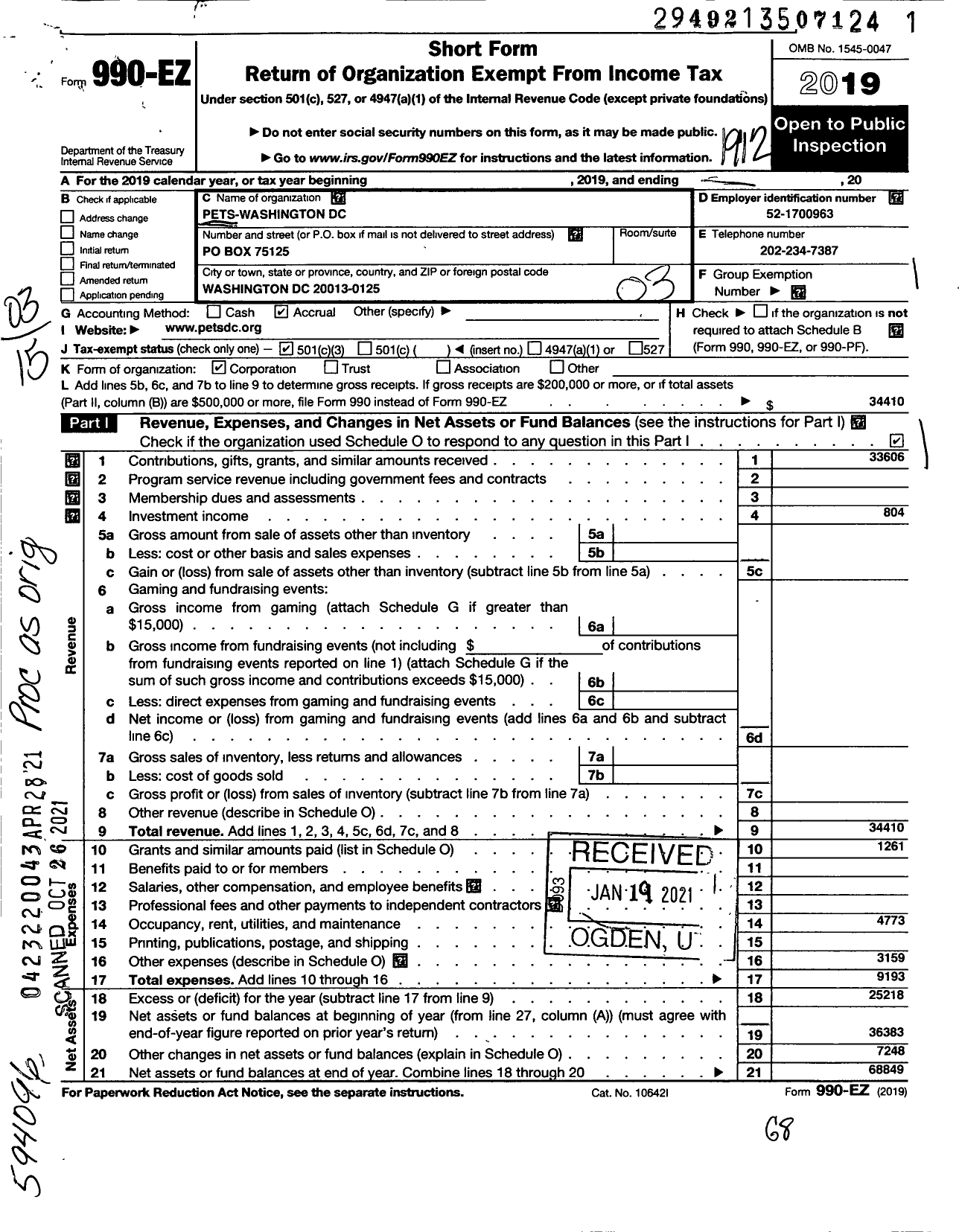 Image of first page of 2019 Form 990EZ for Pets-Washington DC