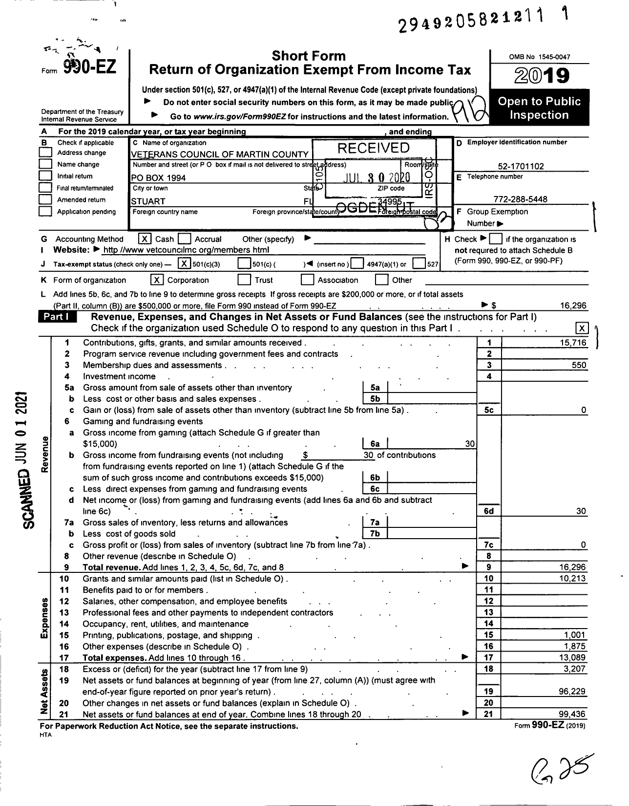 Image of first page of 2019 Form 990EZ for Veterans Council of Martin County