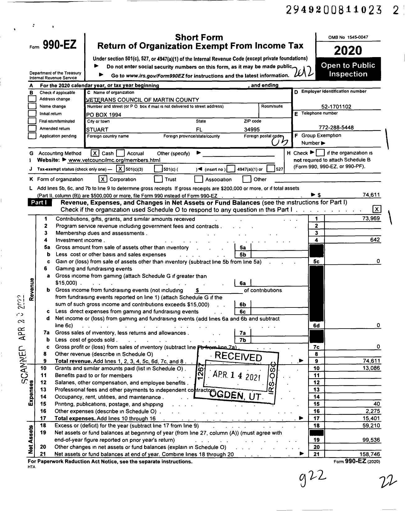 Image of first page of 2020 Form 990EZ for Veterans Council of Martin County